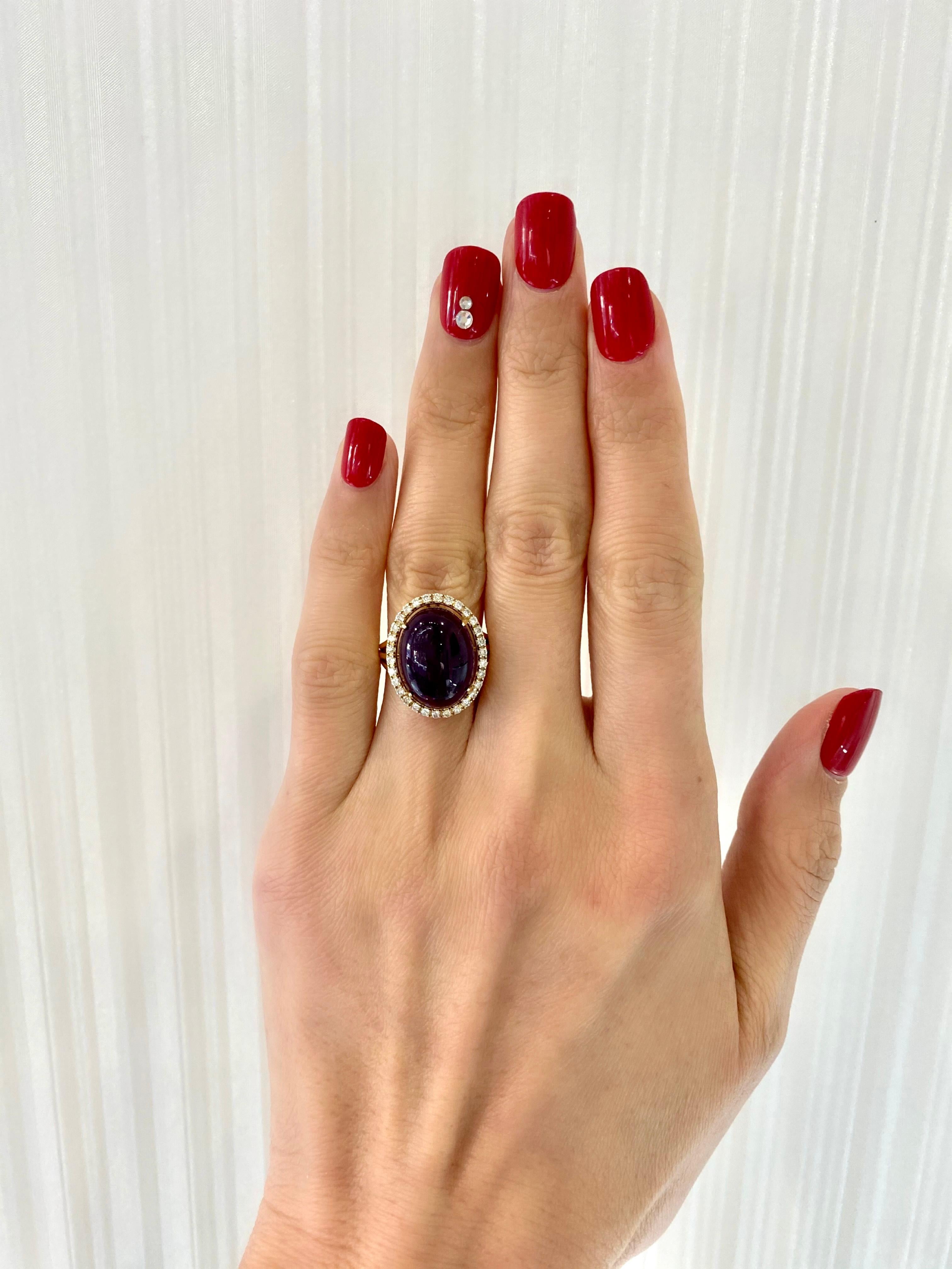 Purple Amethyst Cabochon Gemstone Halo Pave Diamonds 14 Karat Yellow Gold Ring For Sale 4