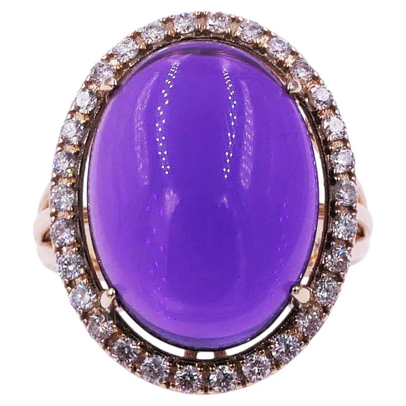 Purple Amethyst Cabochon Gemstone Halo Pave Diamonds 14 Karat Yellow Gold Ring For Sale