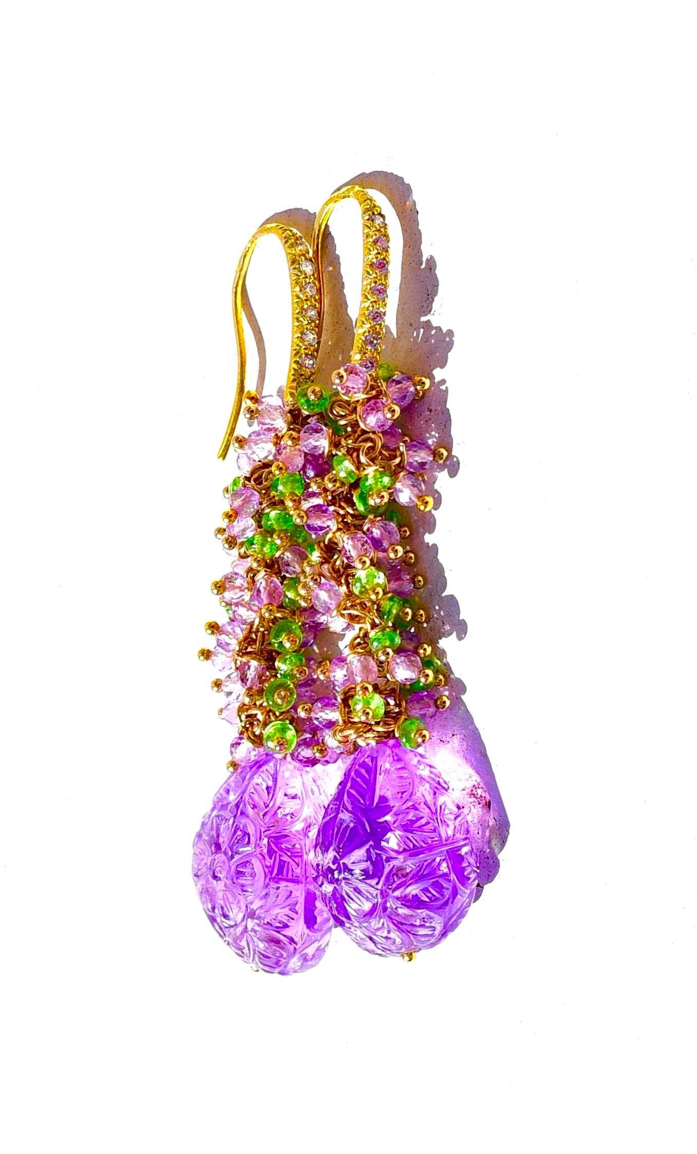 Artisan Purple Amethyst Carved Floral Bead Earrings