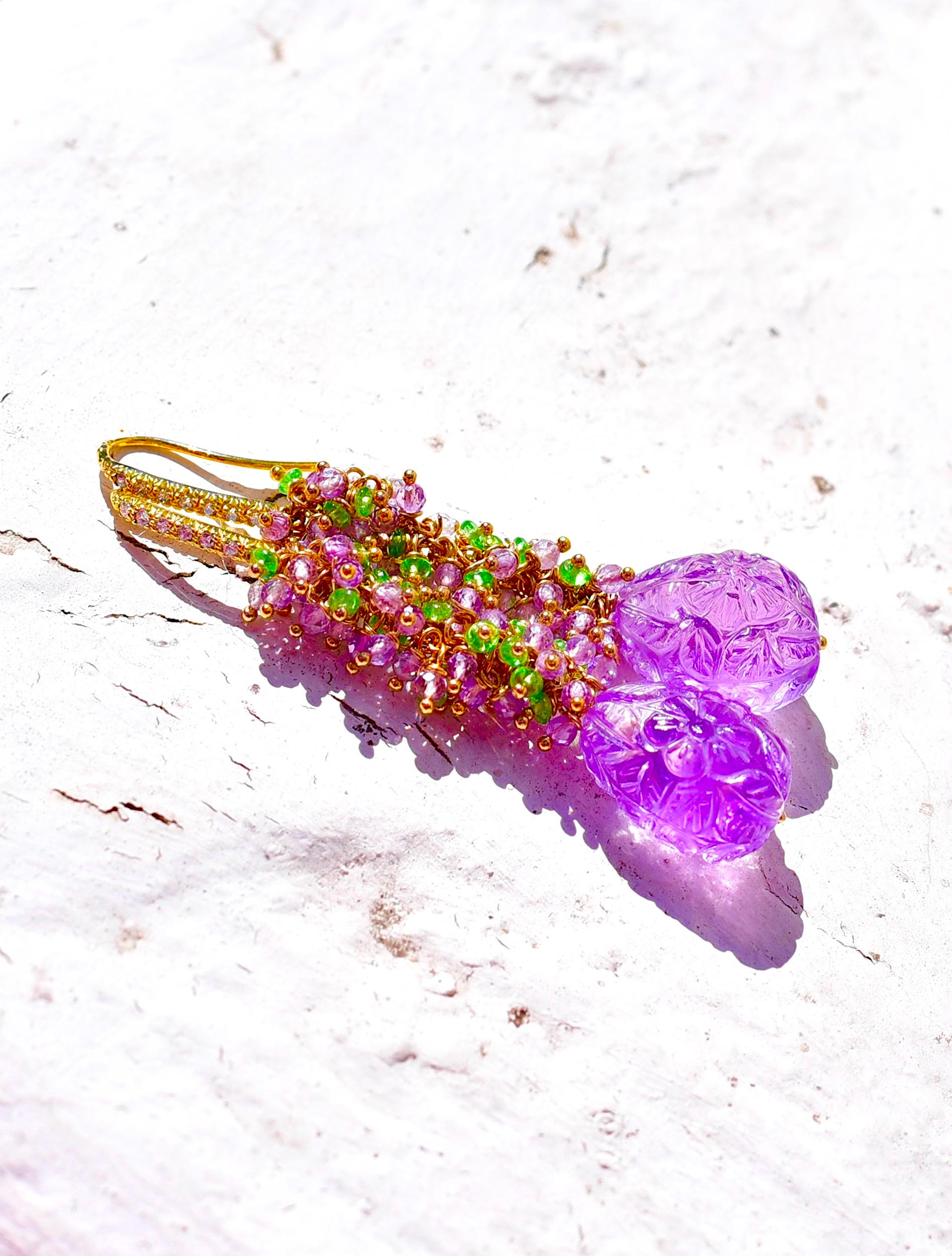 Oval Cut Purple Amethyst Carved Floral Bead Earrings