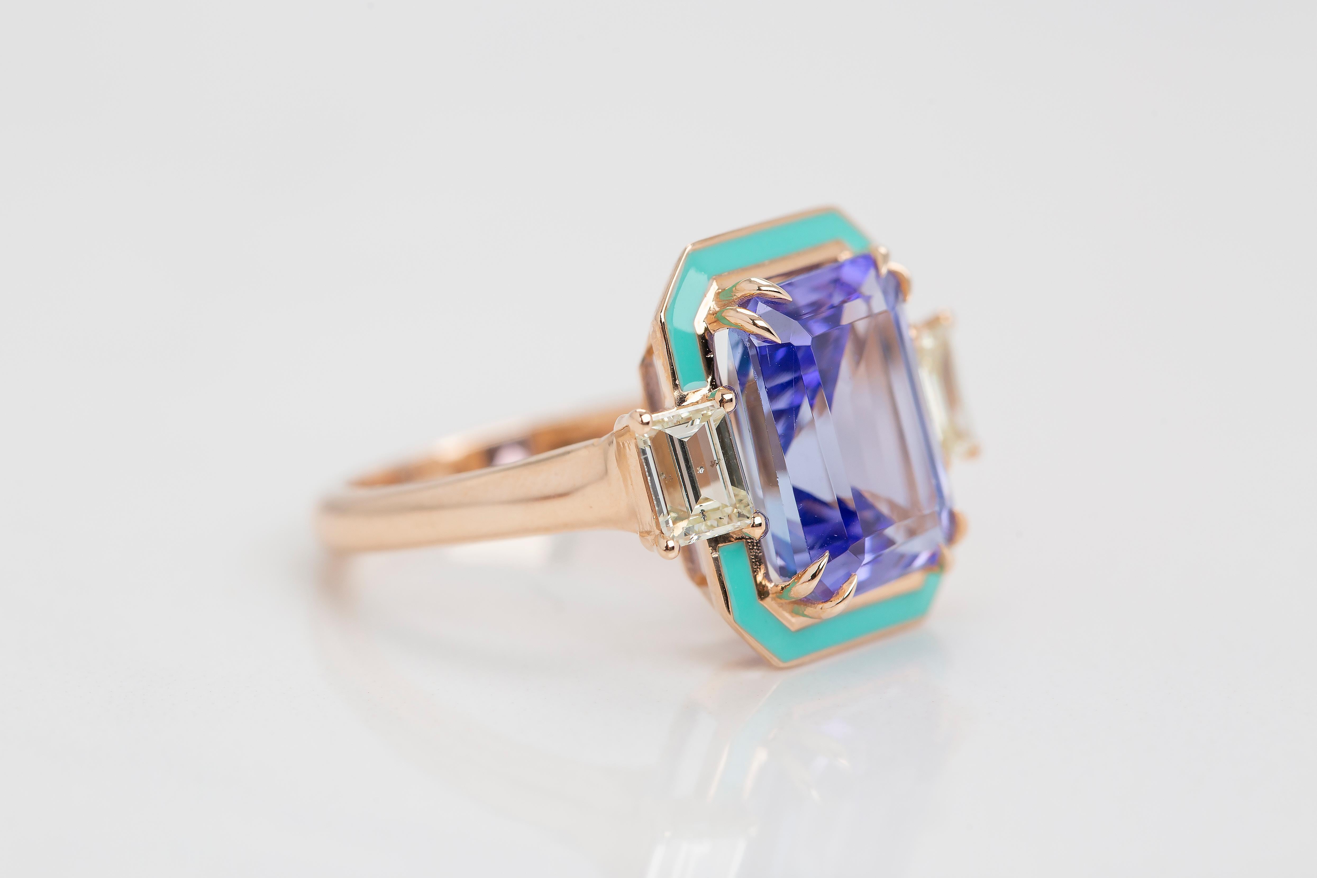 Emerald Cut Purple Amethyst Cocktail Rings, Gemstone Rings, 925 Silver Rose Gold Plated Ring For Sale