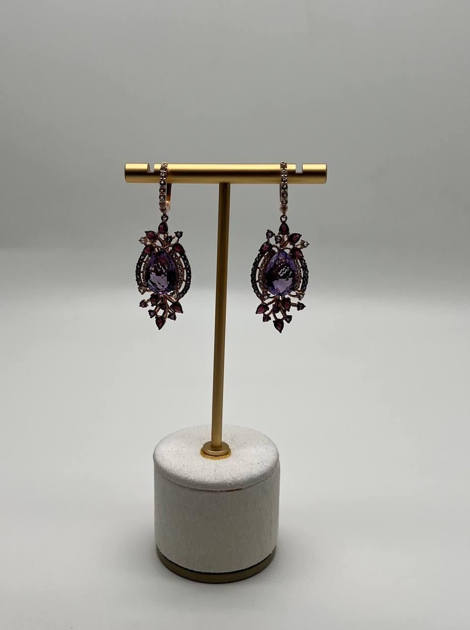 Purple Amethyst Diamond Halo Floral 14K Rose Gold Dangle Chandelier Earrings For Sale 5