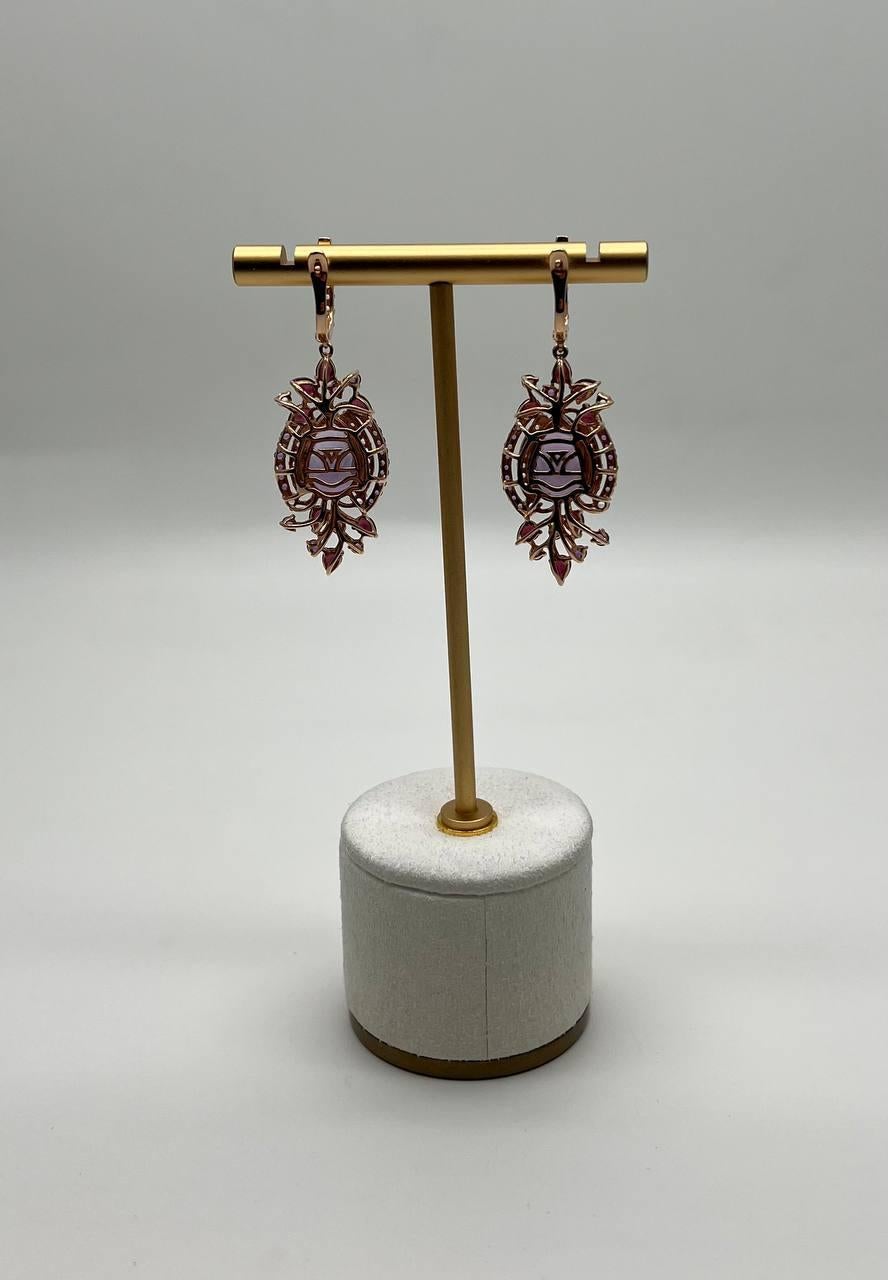 Purple Amethyst Diamond Halo Floral 14K Rose Gold Dangle Chandelier Earrings For Sale 6