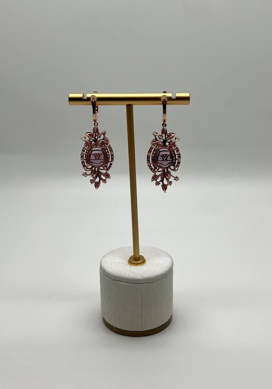 Purple Amethyst Diamond Halo Floral 14K Rose Gold Dangle Chandelier Earrings For Sale 7
