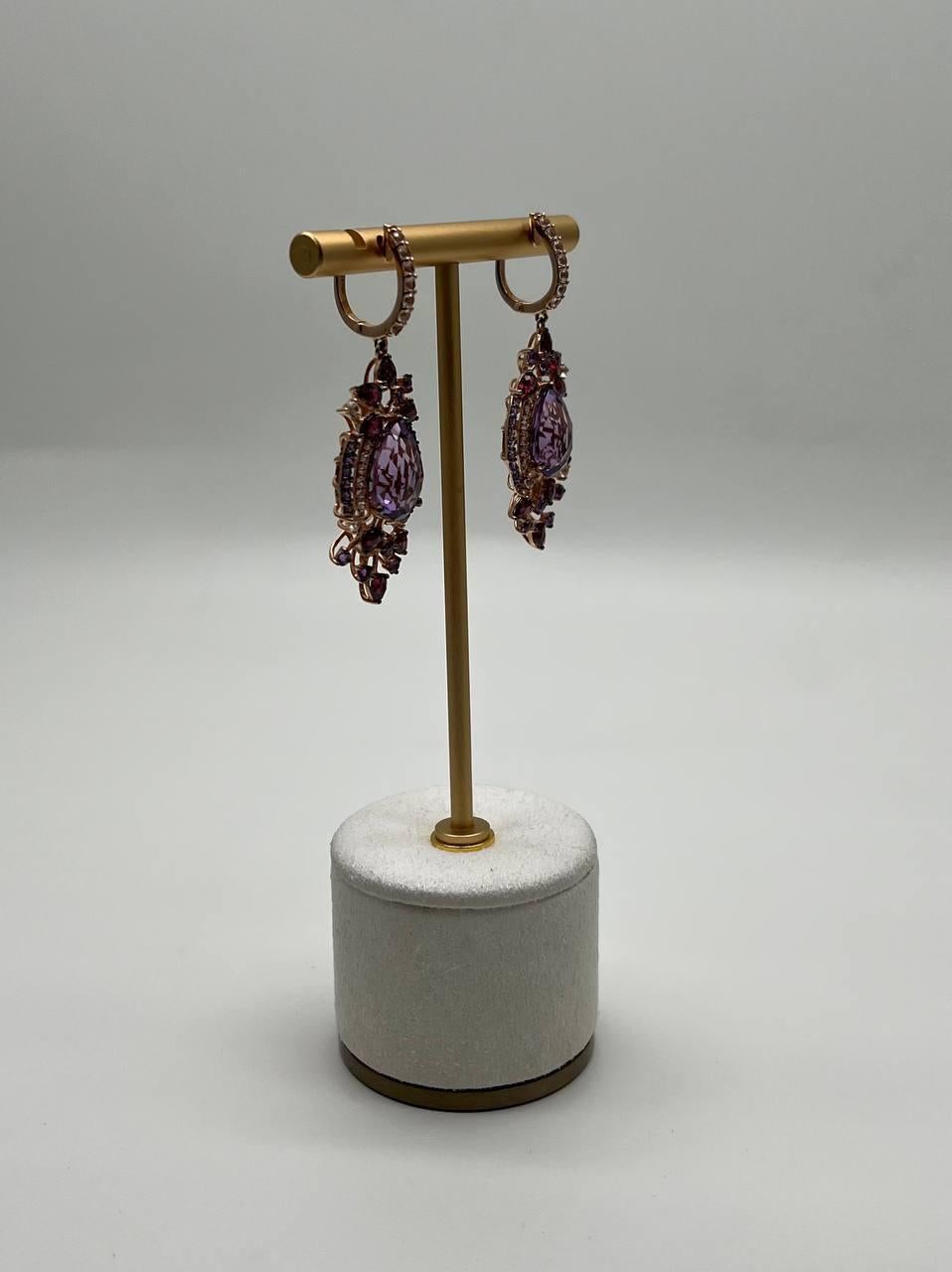 Purple Amethyst Diamond Halo Floral 14K Rose Gold Dangle Chandelier Earrings For Sale 9
