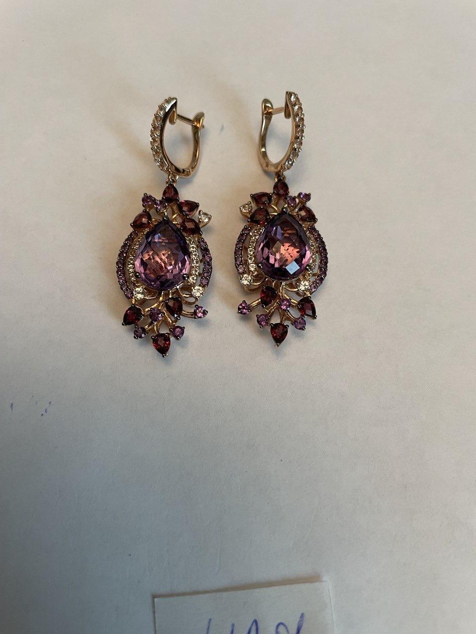 Purple Amethyst Diamond Halo Floral 14K Rose Gold Dangle Chandelier Earrings For Sale 10