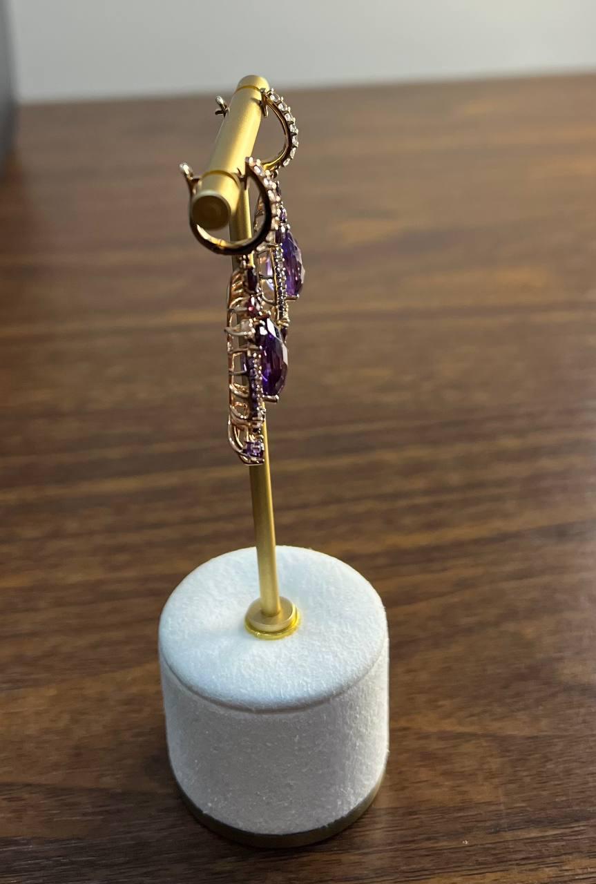 Mixed Cut Purple Amethyst Diamond Halo Floral 14K Rose Gold Dangle Chandelier Earrings For Sale
