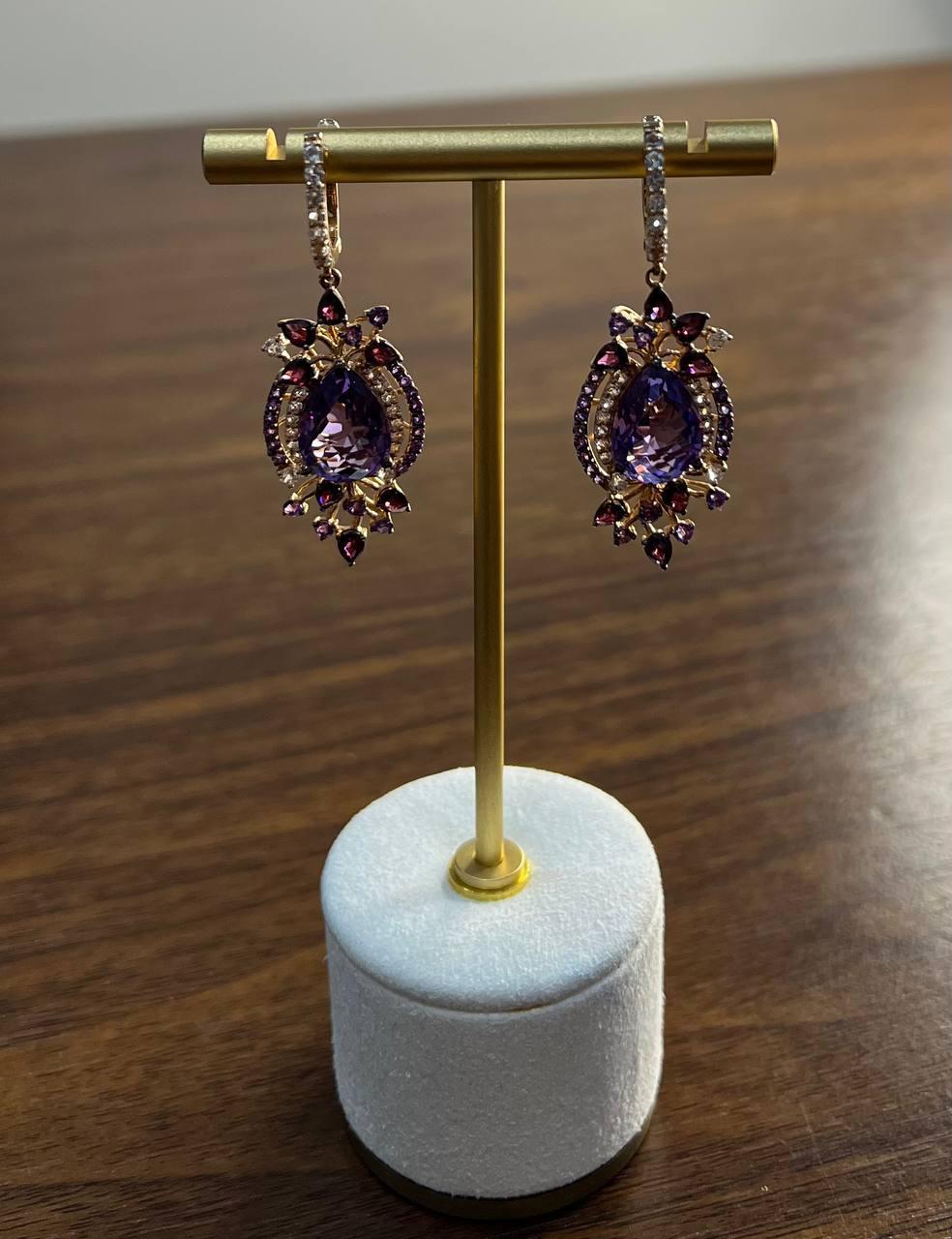 Purple Amethyst Diamond Halo Floral 14K Rose Gold Dangle Chandelier Earrings In New Condition For Sale In Oakton, VA