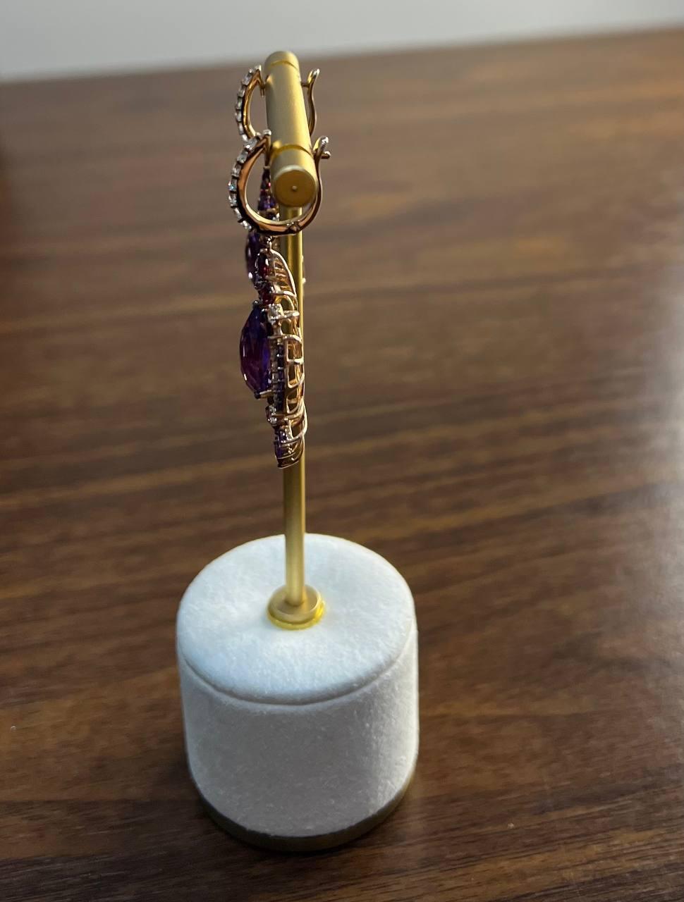 Women's Purple Amethyst Diamond Halo Floral 14K Rose Gold Dangle Chandelier Earrings For Sale