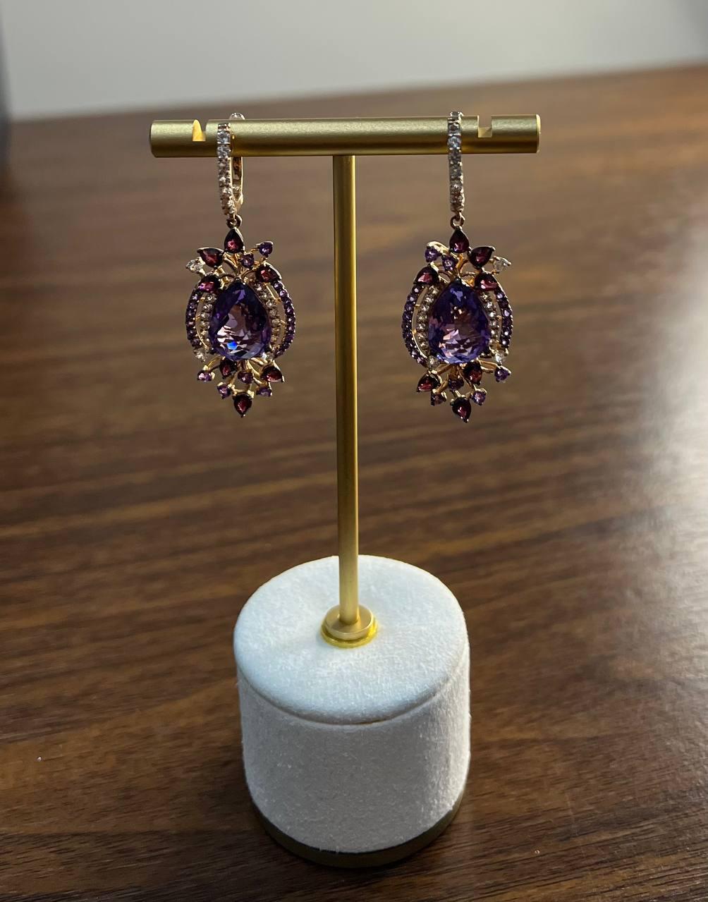 Purple Amethyst Diamond Halo Floral 14K Rose Gold Dangle Chandelier Earrings For Sale 1