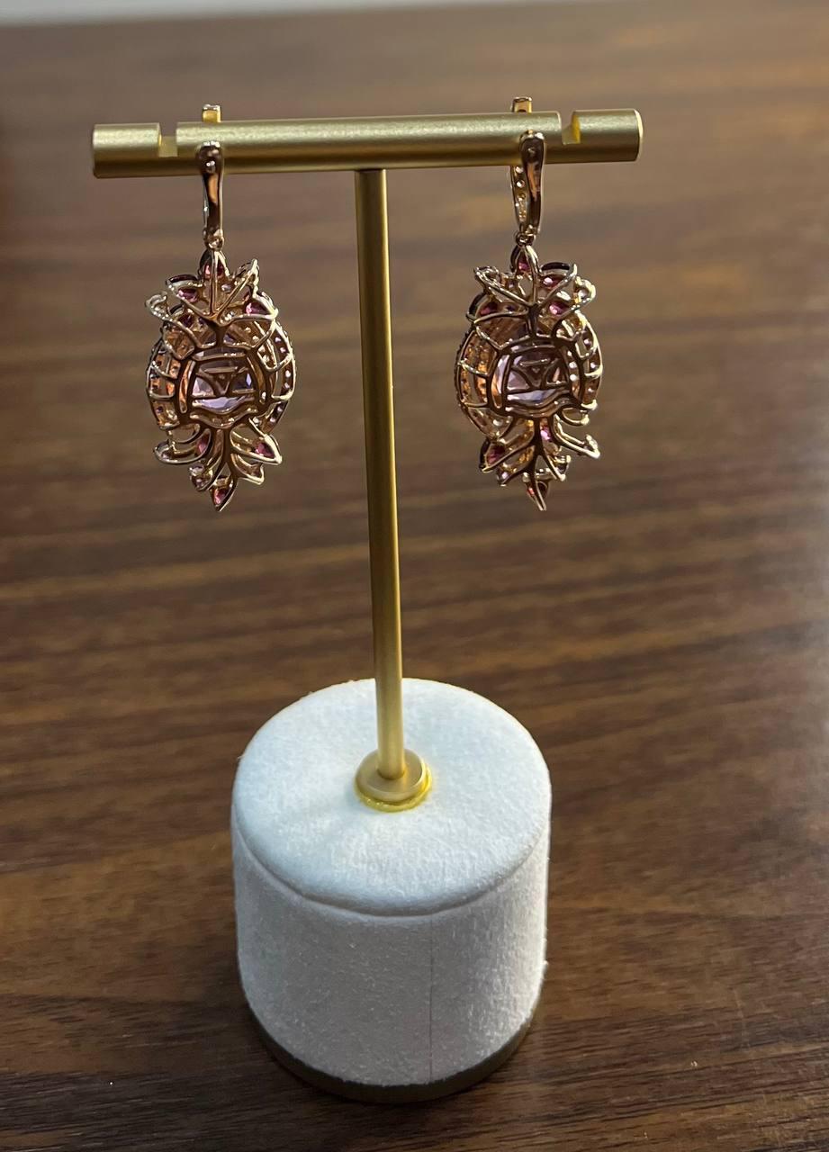 Purple Amethyst Diamond Halo Floral 14K Rose Gold Dangle Chandelier Earrings For Sale 3