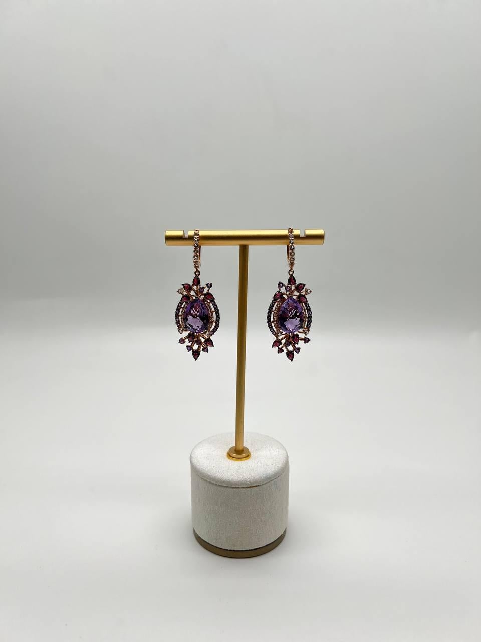 Purple Amethyst Diamond Halo Floral 14K Rose Gold Dangle Chandelier Earrings For Sale 4