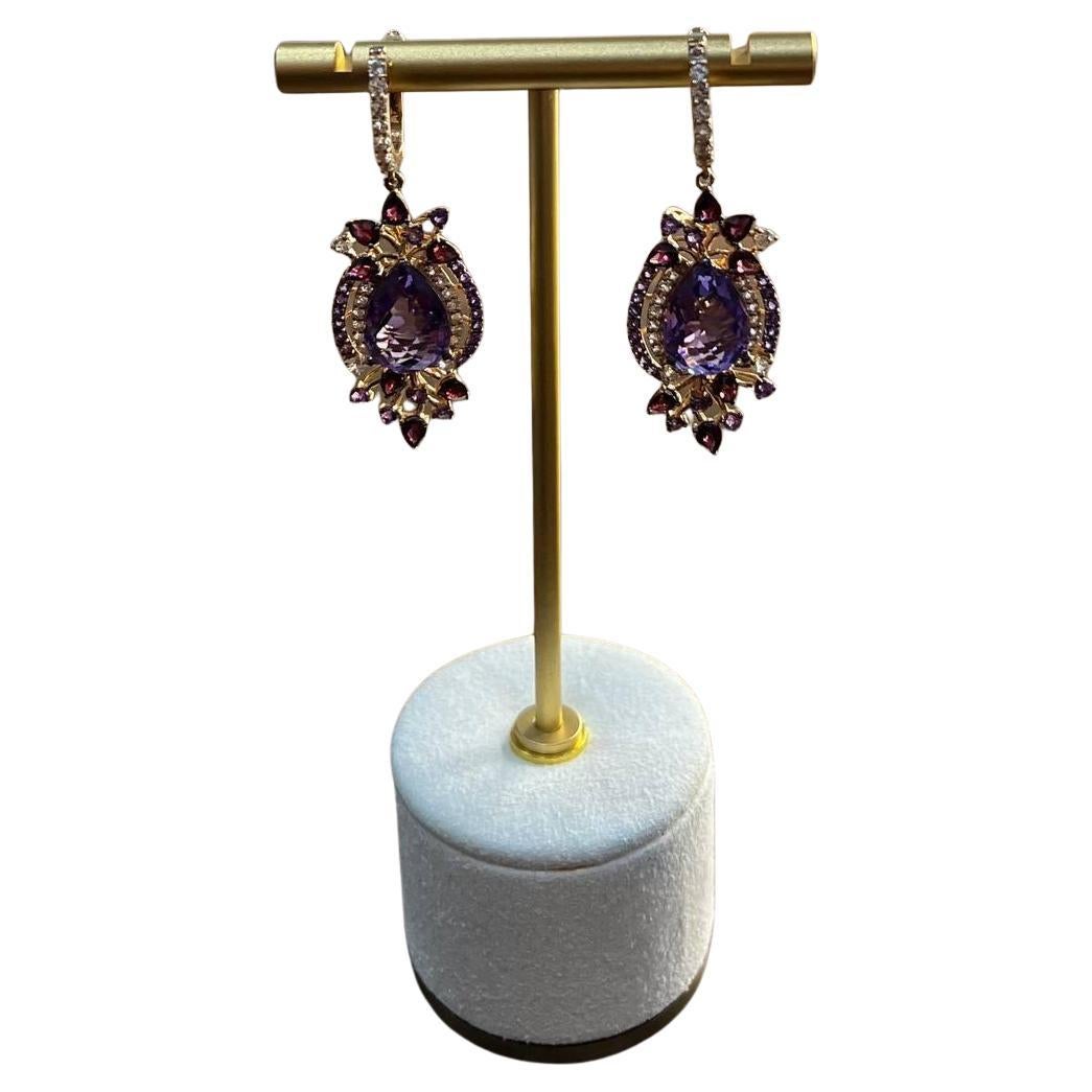 Purple Amethyst Diamond Halo Floral 14K Rose Gold Dangle Chandelier Earrings