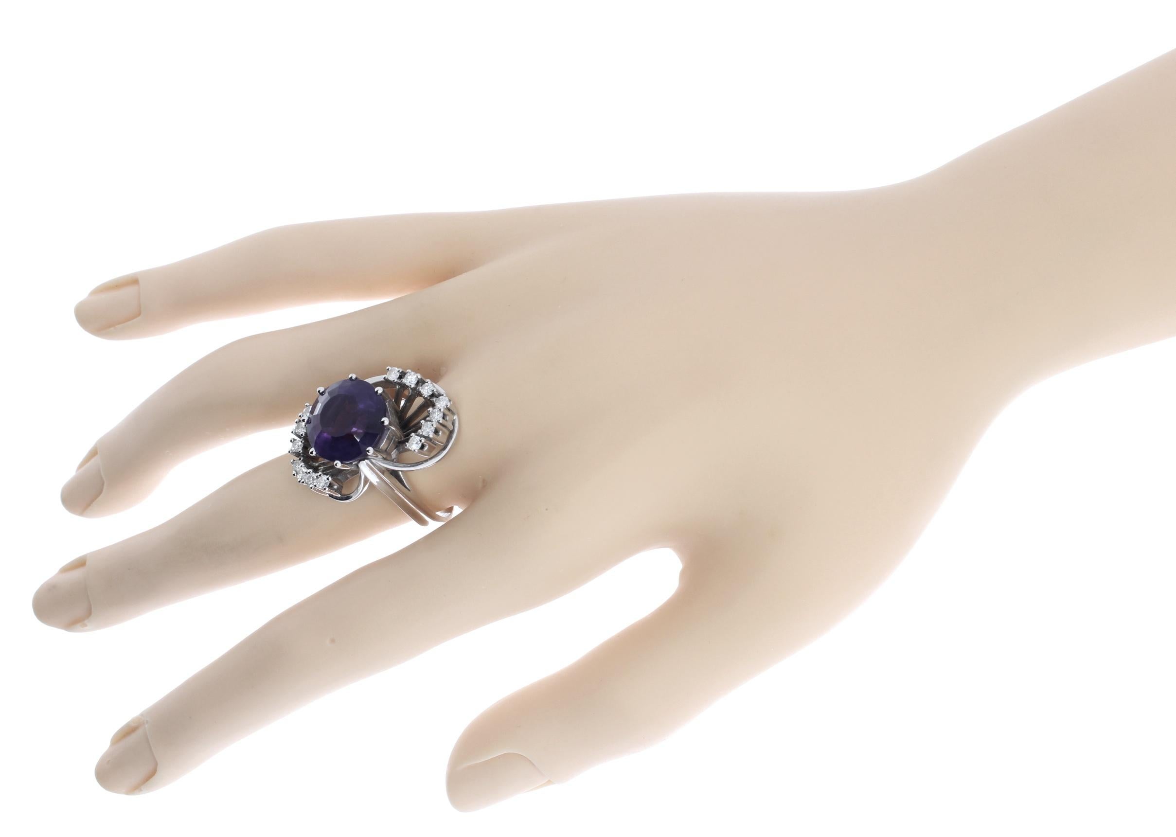 Purple Amethyst Diamond Ring in 14K White Gold For Sale 4