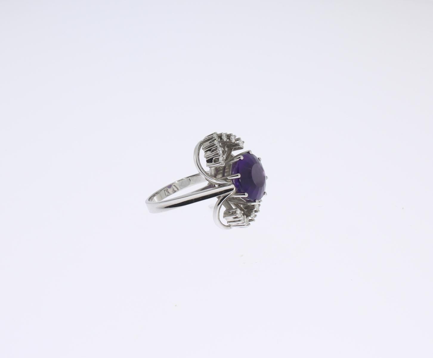 Modern Purple Amethyst Diamond Ring in 14K White Gold For Sale