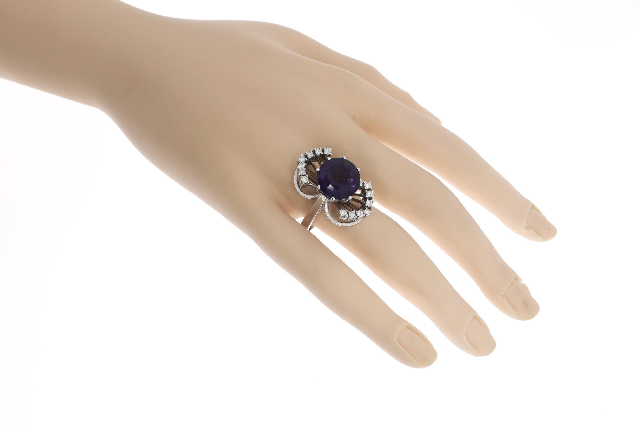 Women's Purple Amethyst Diamond Ring in 14K White Gold For Sale