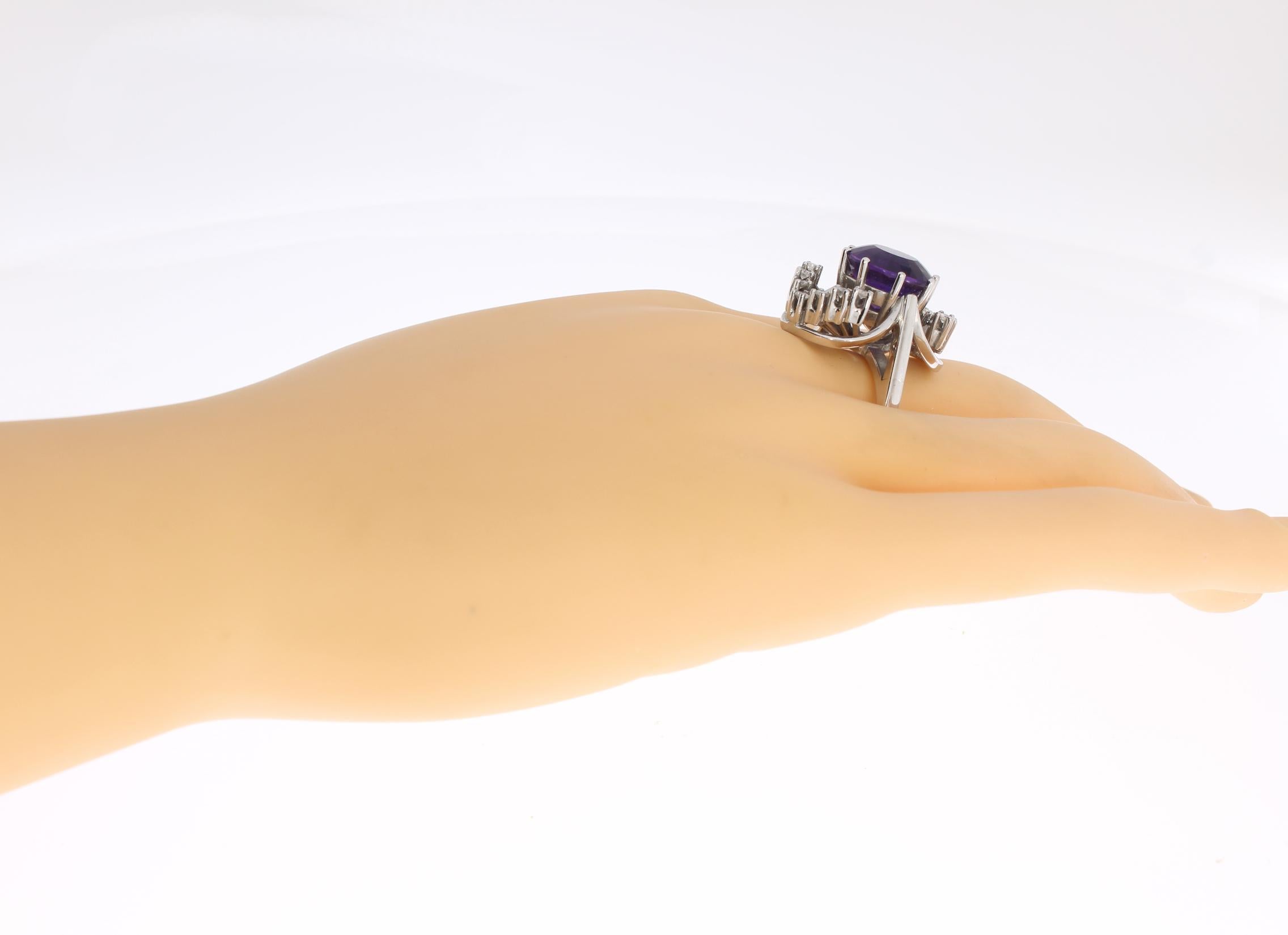 Purple Amethyst Diamond Ring in 14K White Gold For Sale 3
