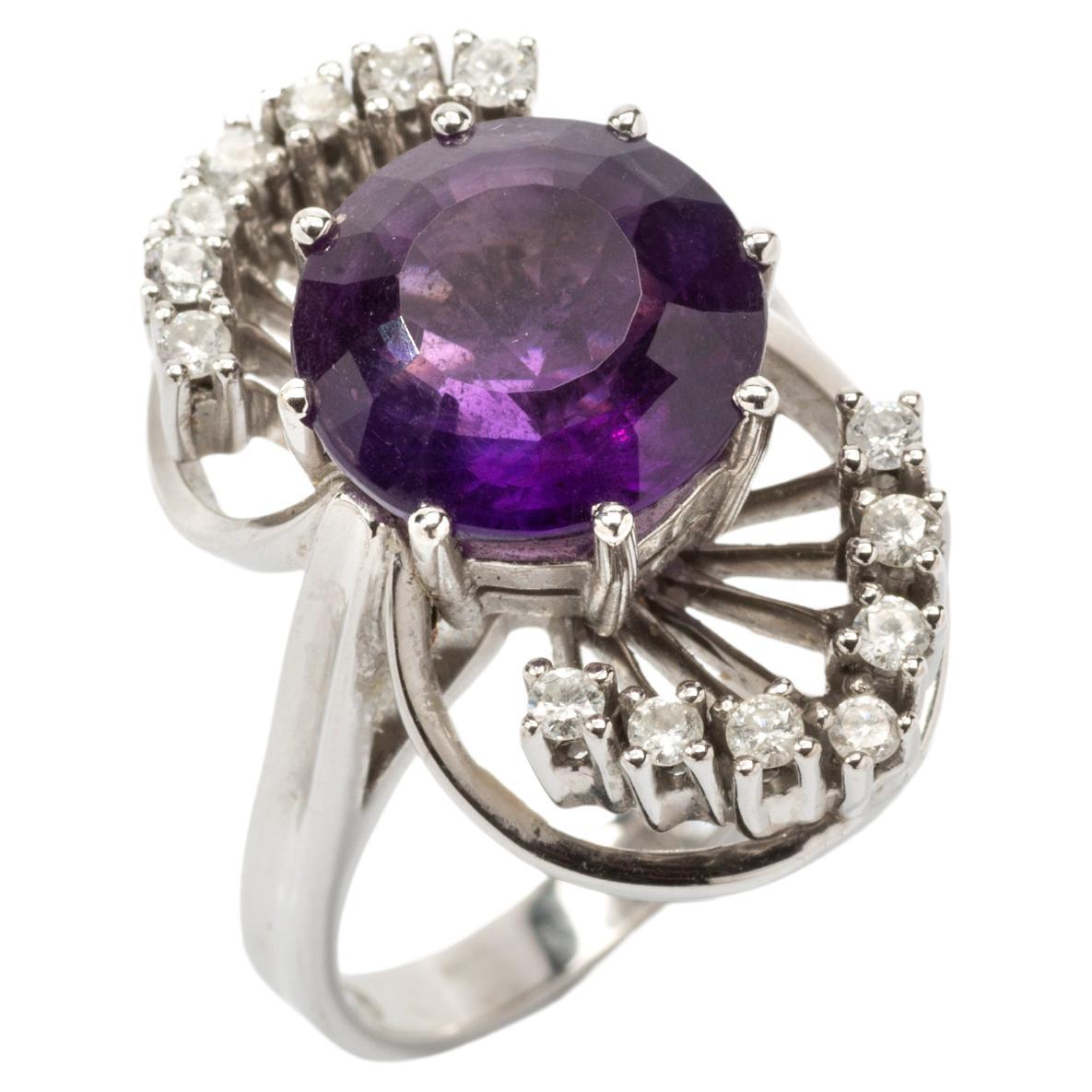 Purple Amethyst Diamond Ring in 14K White Gold For Sale