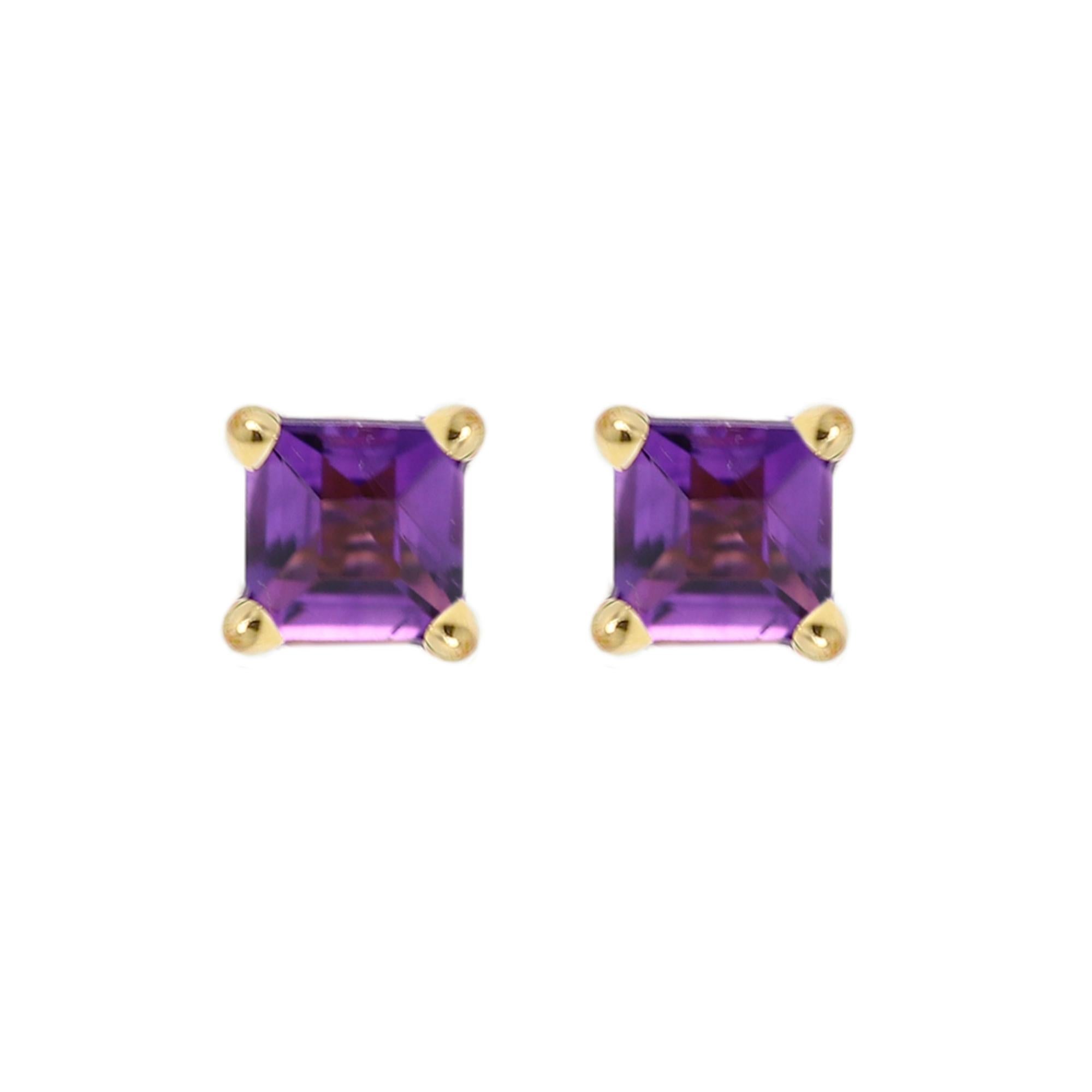 Square Cut Purple Amethyst Earring Studs Mini Cute Karat Yellow Gold, Natural Gems For Sale