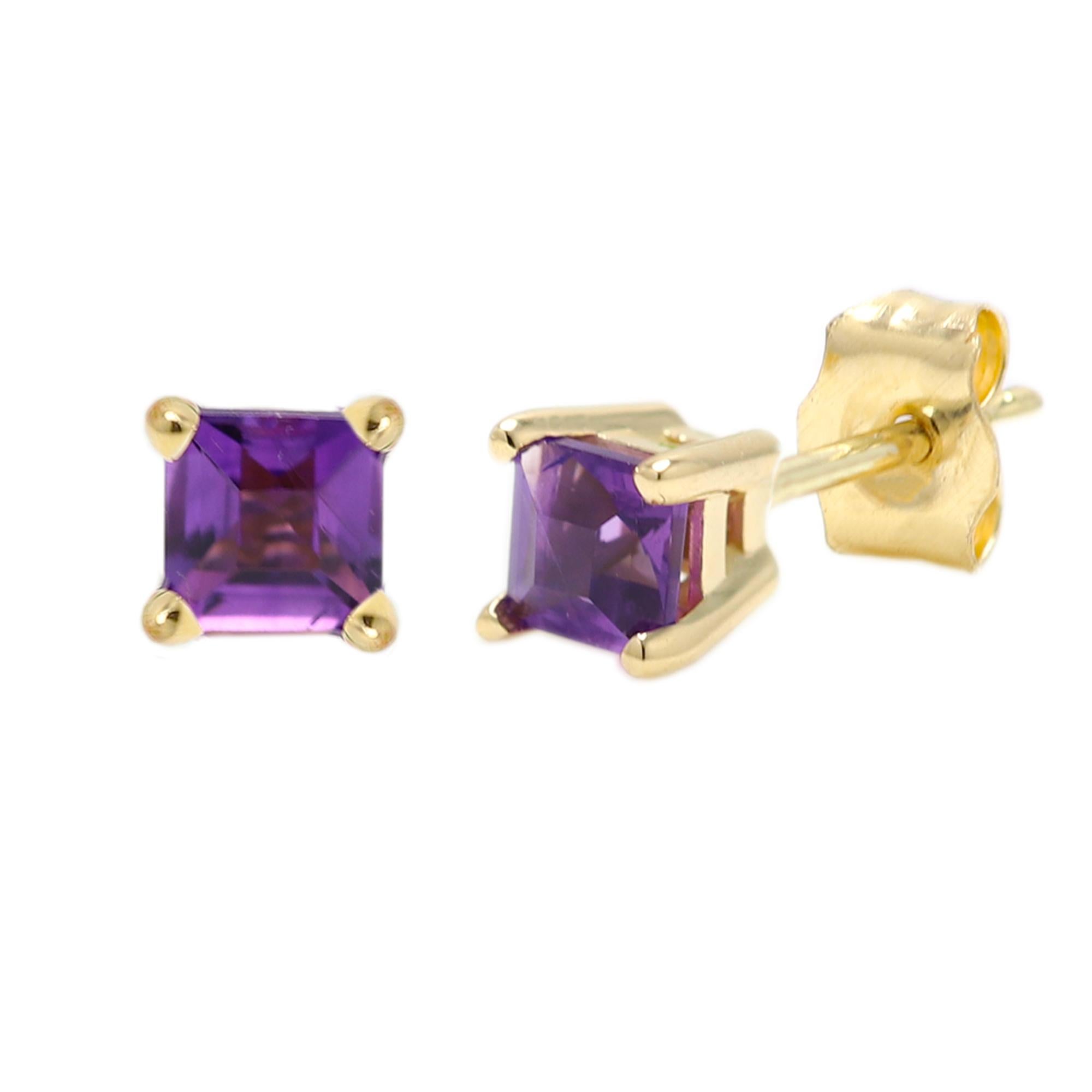 Women's Purple Amethyst Earring Studs Mini Cute Karat Yellow Gold, Natural Gems For Sale