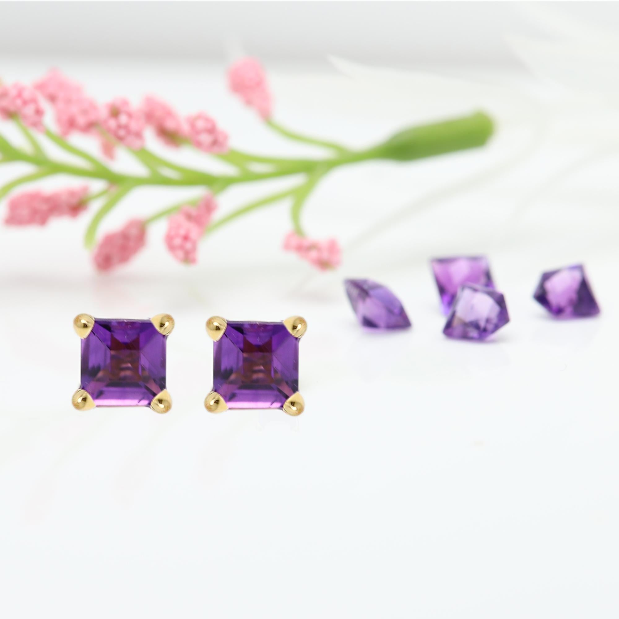 Purple Amethyst Earring Studs Mini Cute Karat Yellow Gold, Natural Gems For Sale 1
