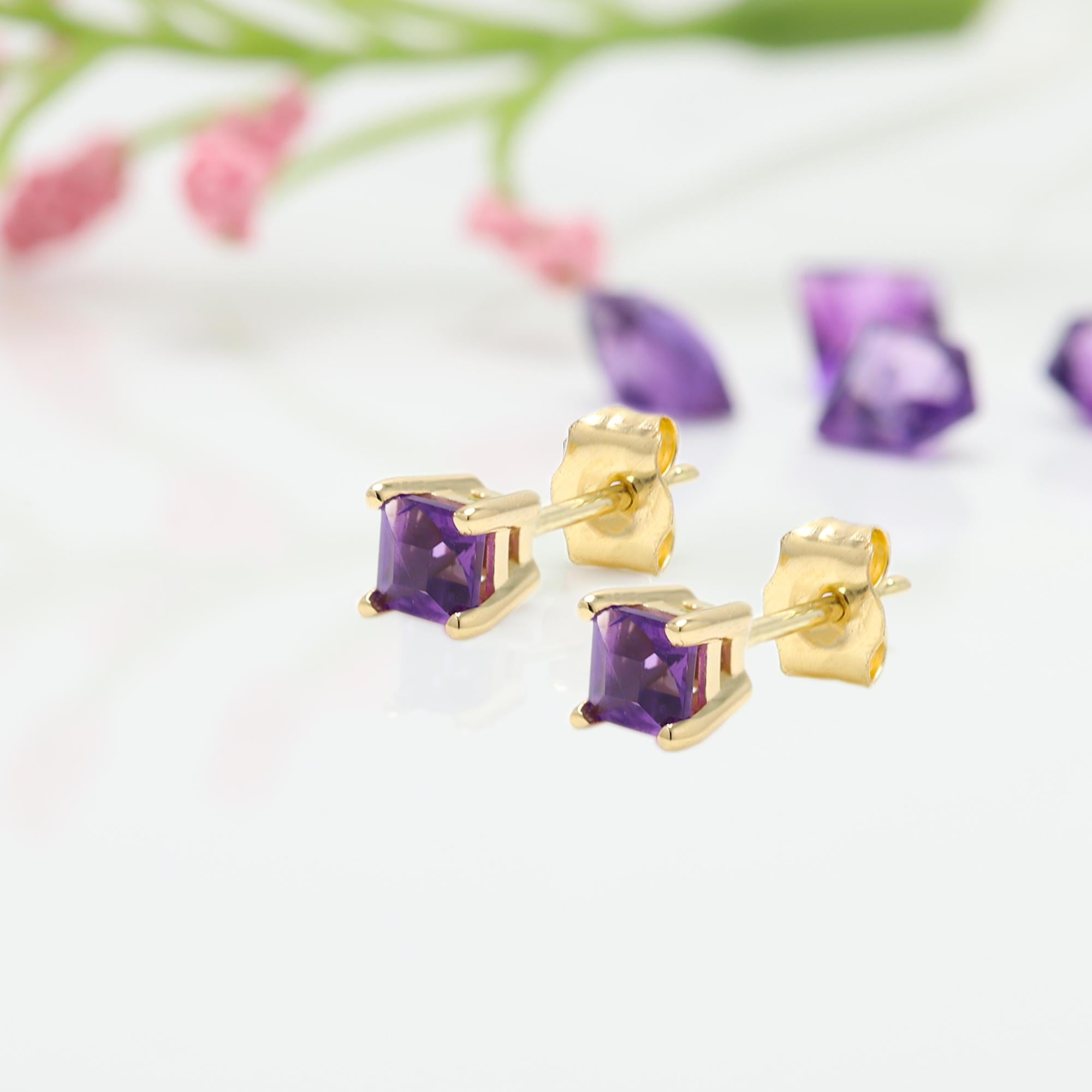 Purple Amethyst Earring Studs Mini Cute Karat Yellow Gold, Natural Gems For Sale 2