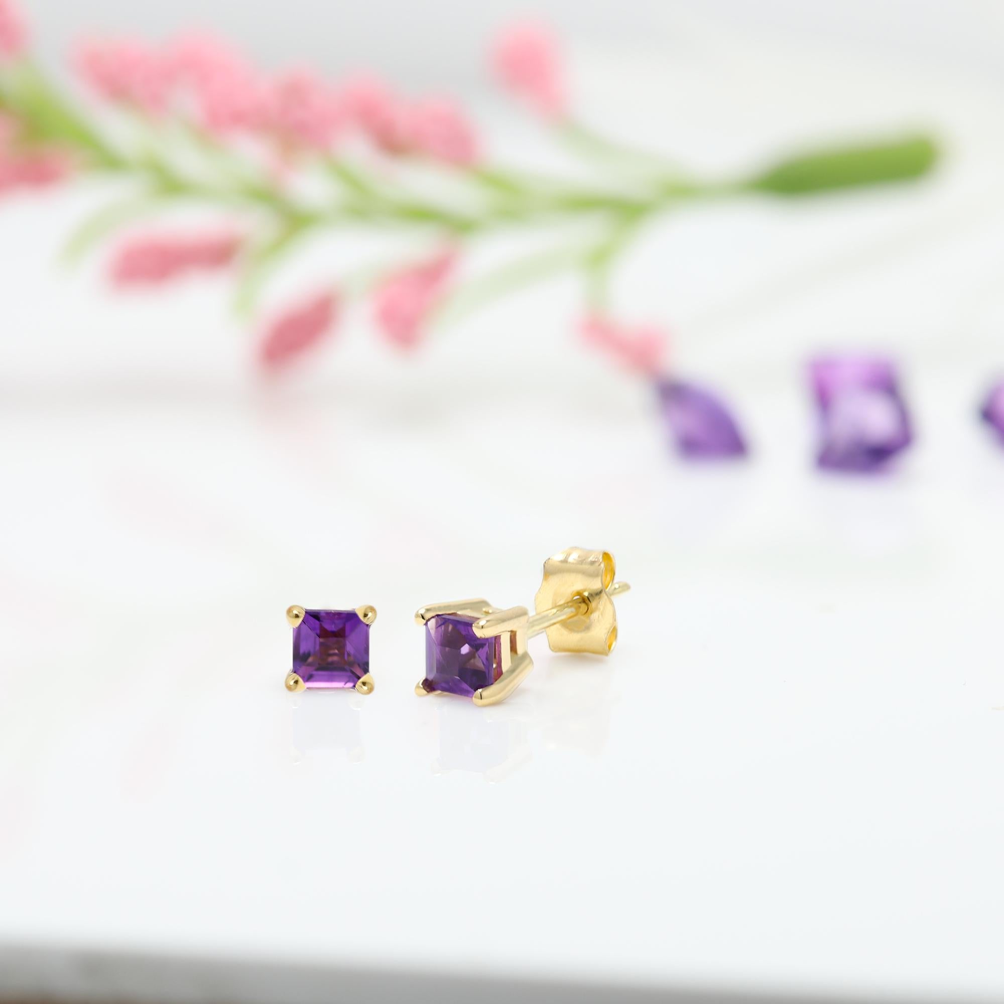 Purple Amethyst Earring Studs Mini Cute Karat Yellow Gold, Natural Gems For Sale 3