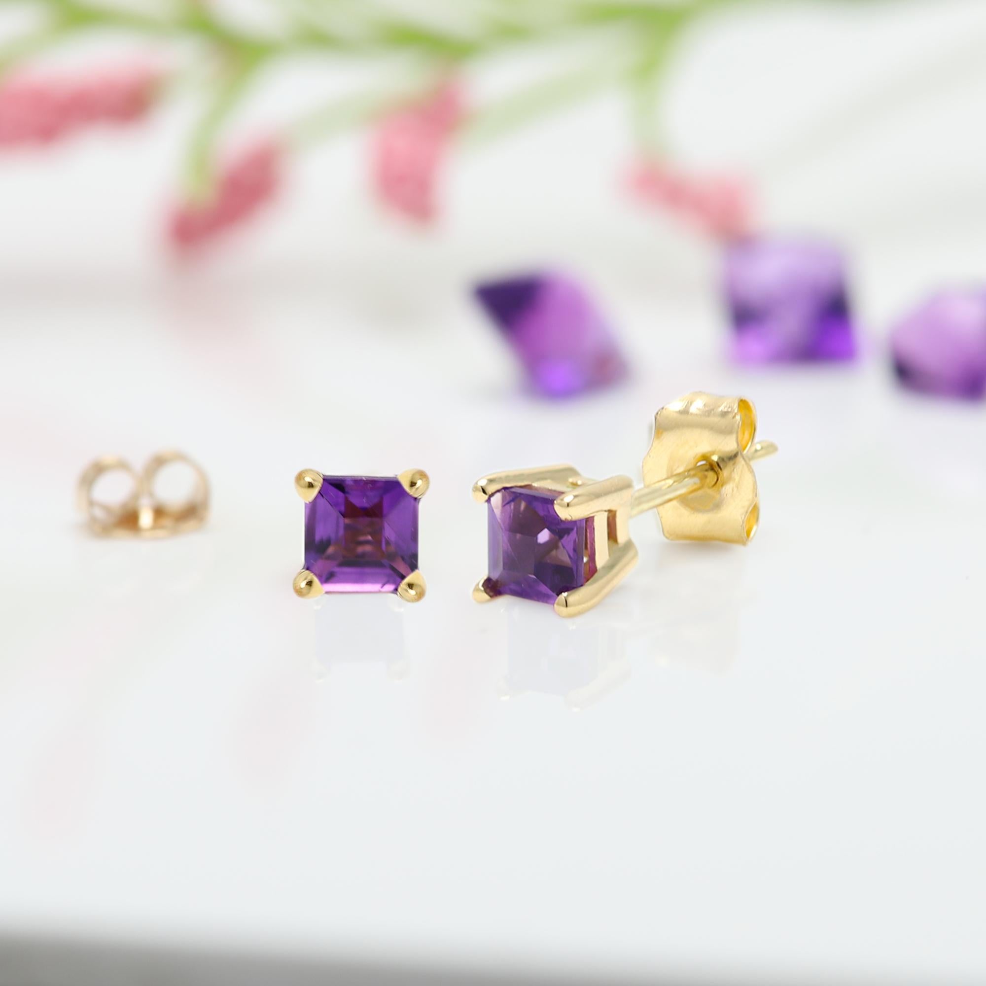 Purple Amethyst Earring Studs Mini Cute Karat Yellow Gold, Natural Gems For Sale 4