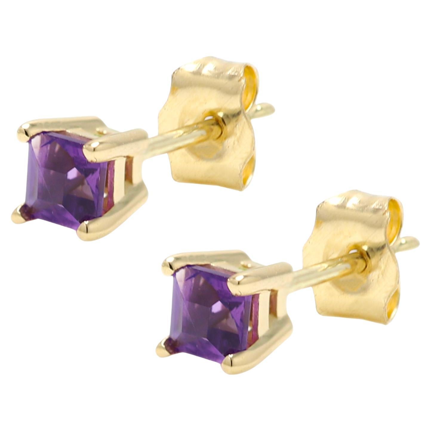 Purple Amethyst Earring Studs Mini Cute Karat Yellow Gold, Natural Gems For Sale