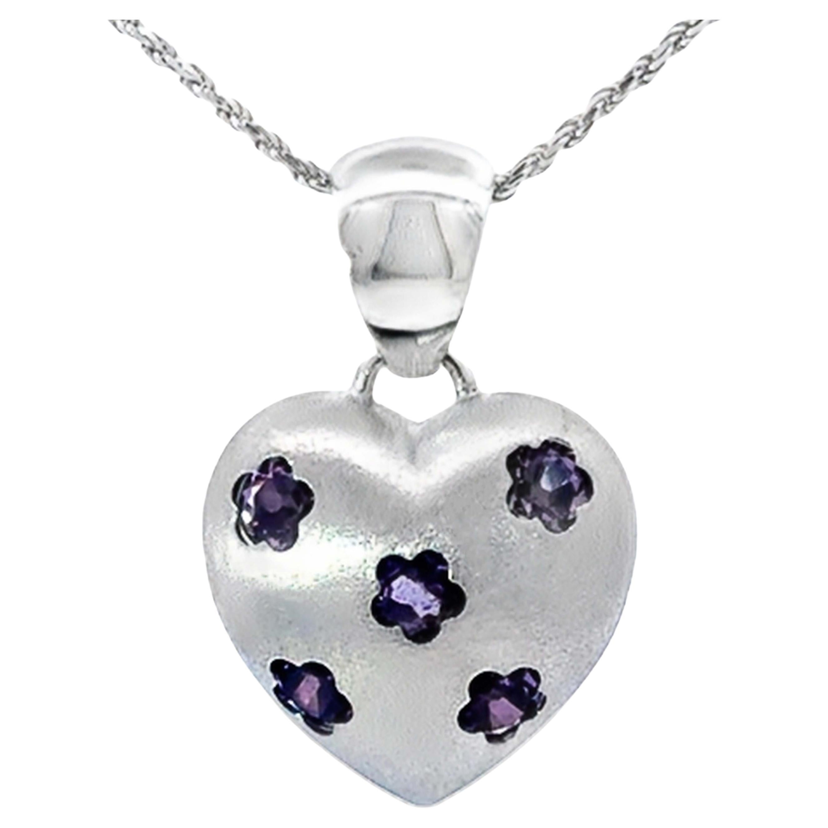 Purple Amethyst Flower Studded 3D Heart Necklace 14k White Gold