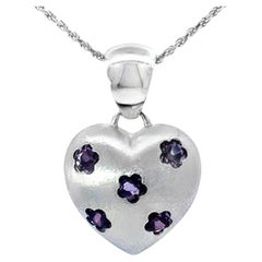 Lila Amethyst Blume Nieten 3D Herz Halskette 14k Weißgold