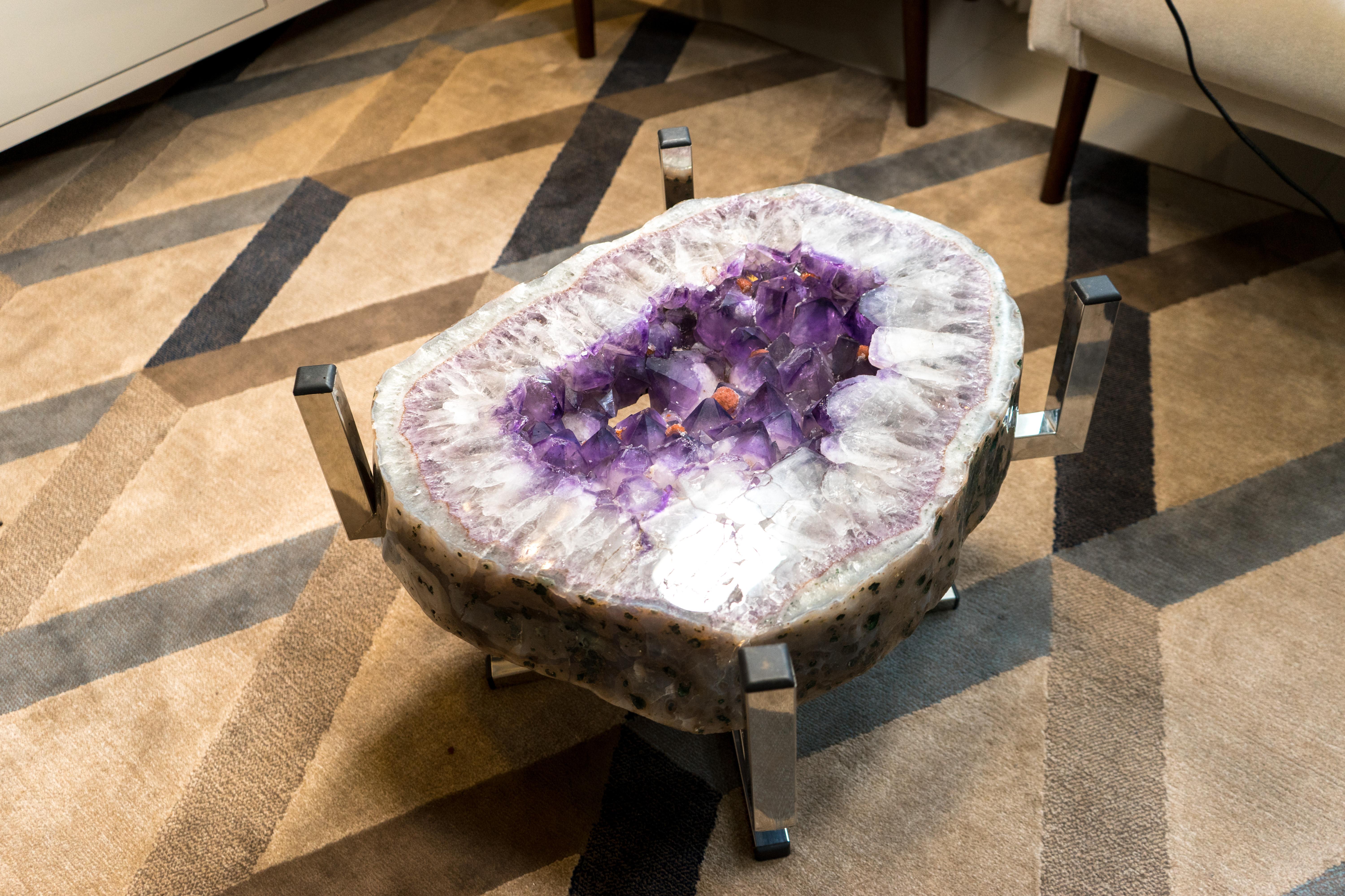 Purple Amethyst Geode Coffee Table on Handmade Stainless Steel Base  For Sale 2
