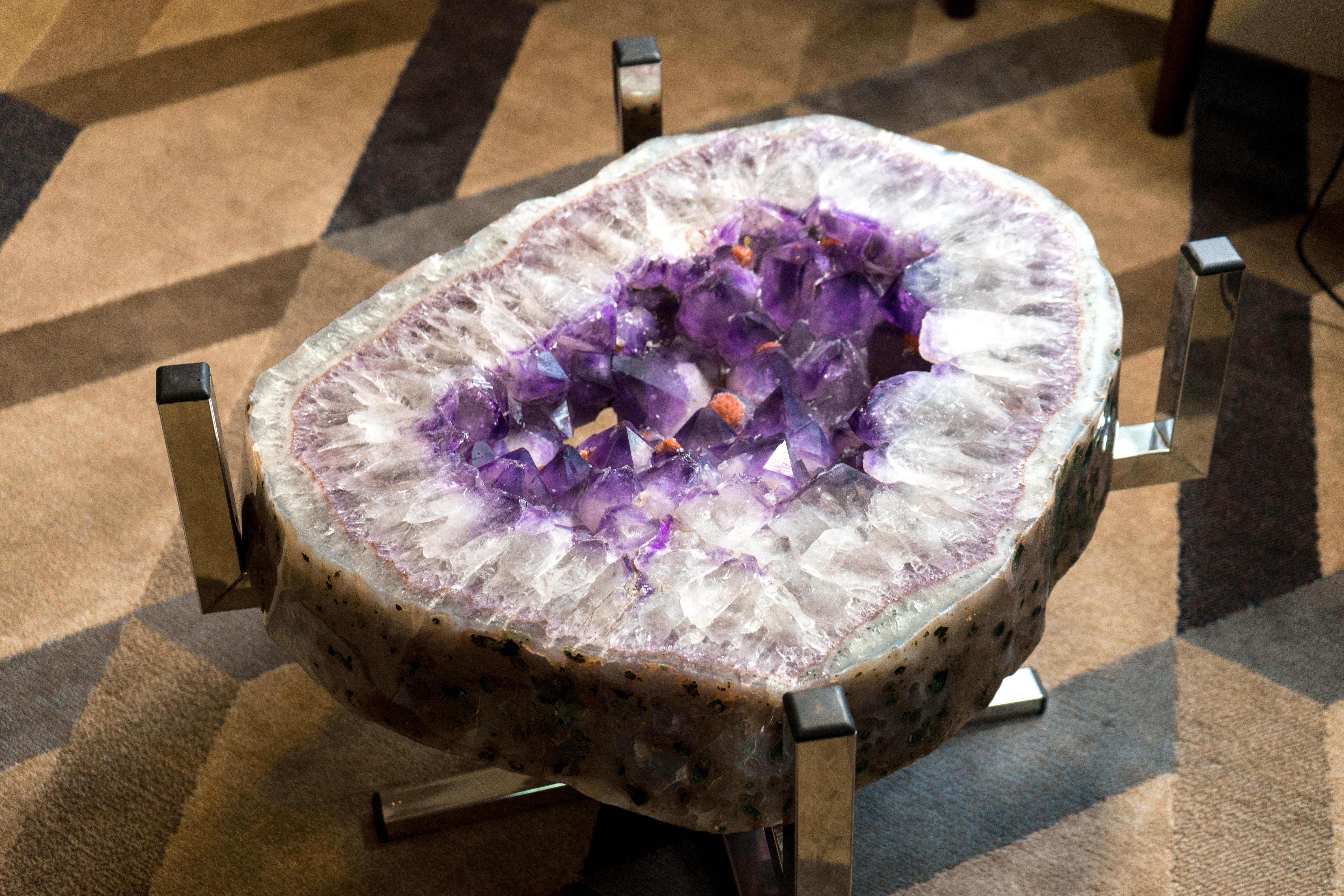 Purple Amethyst Geode Coffee Table on Handmade Stainless Steel Base  For Sale 3