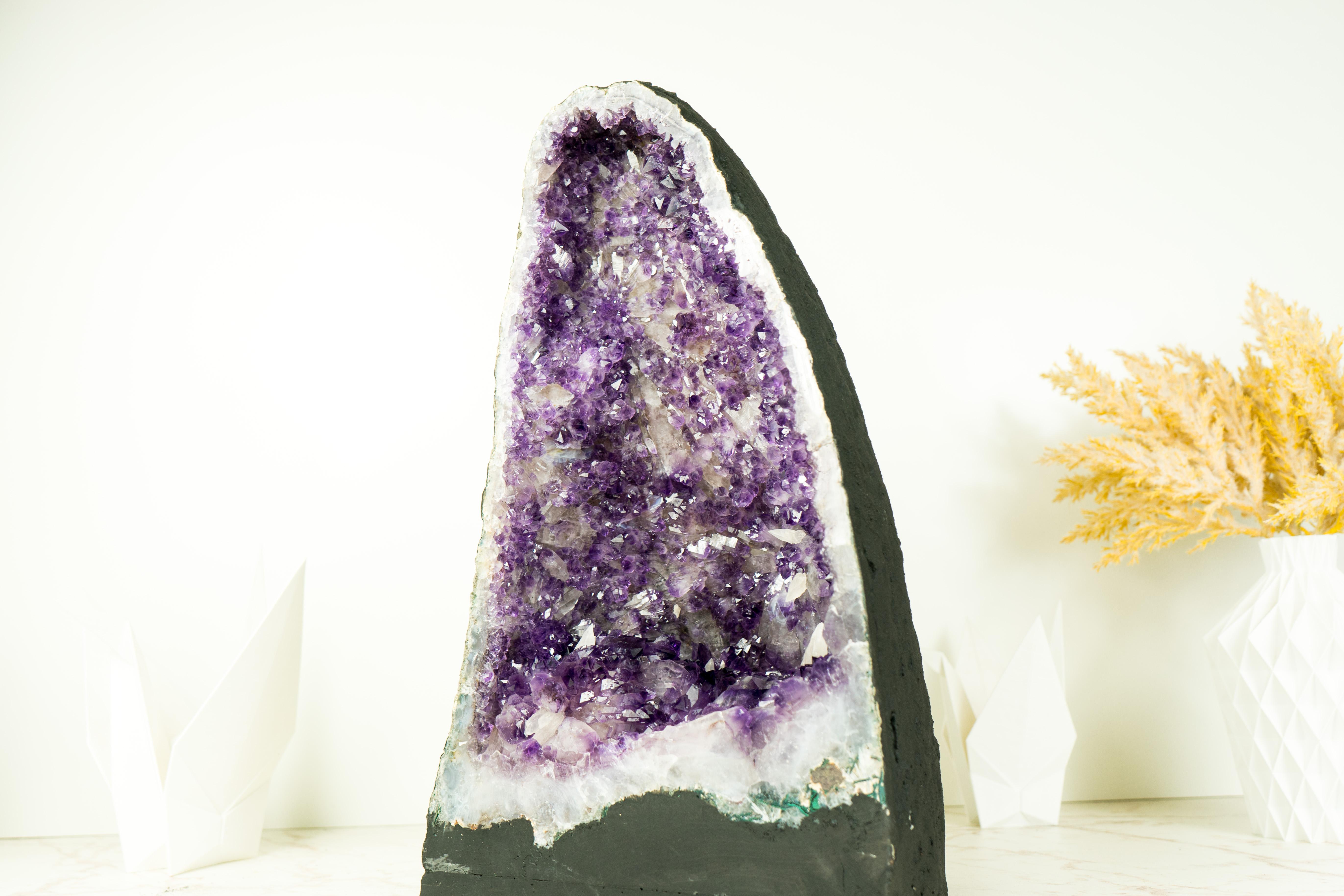 Brazilian Purple Amethyst Geode with Rare Sparkly Flower-Like Druzy Formation and Calcite For Sale