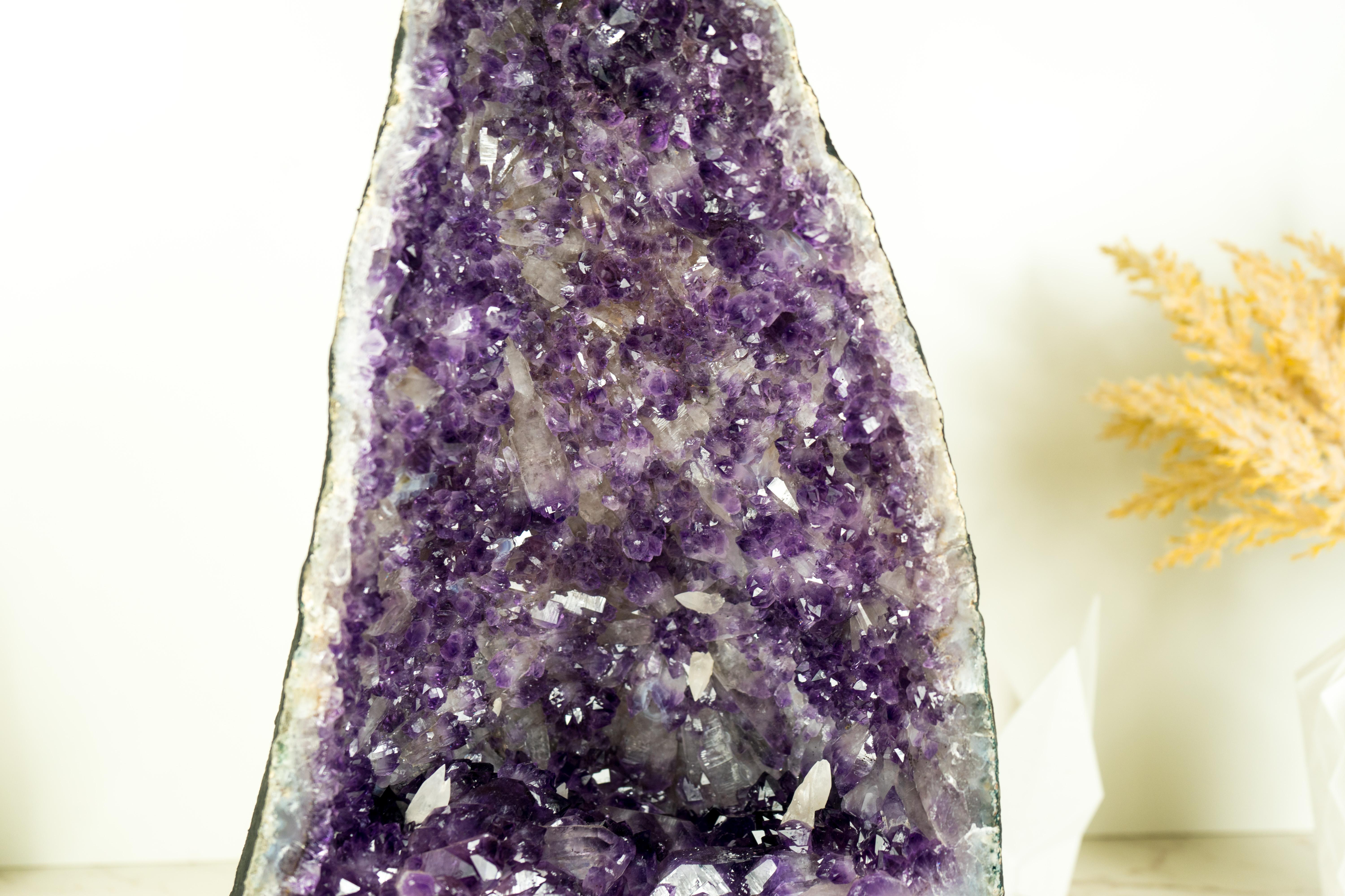Contemporary Purple Amethyst Geode with Rare Sparkly Flower-Like Druzy Formation and Calcite For Sale