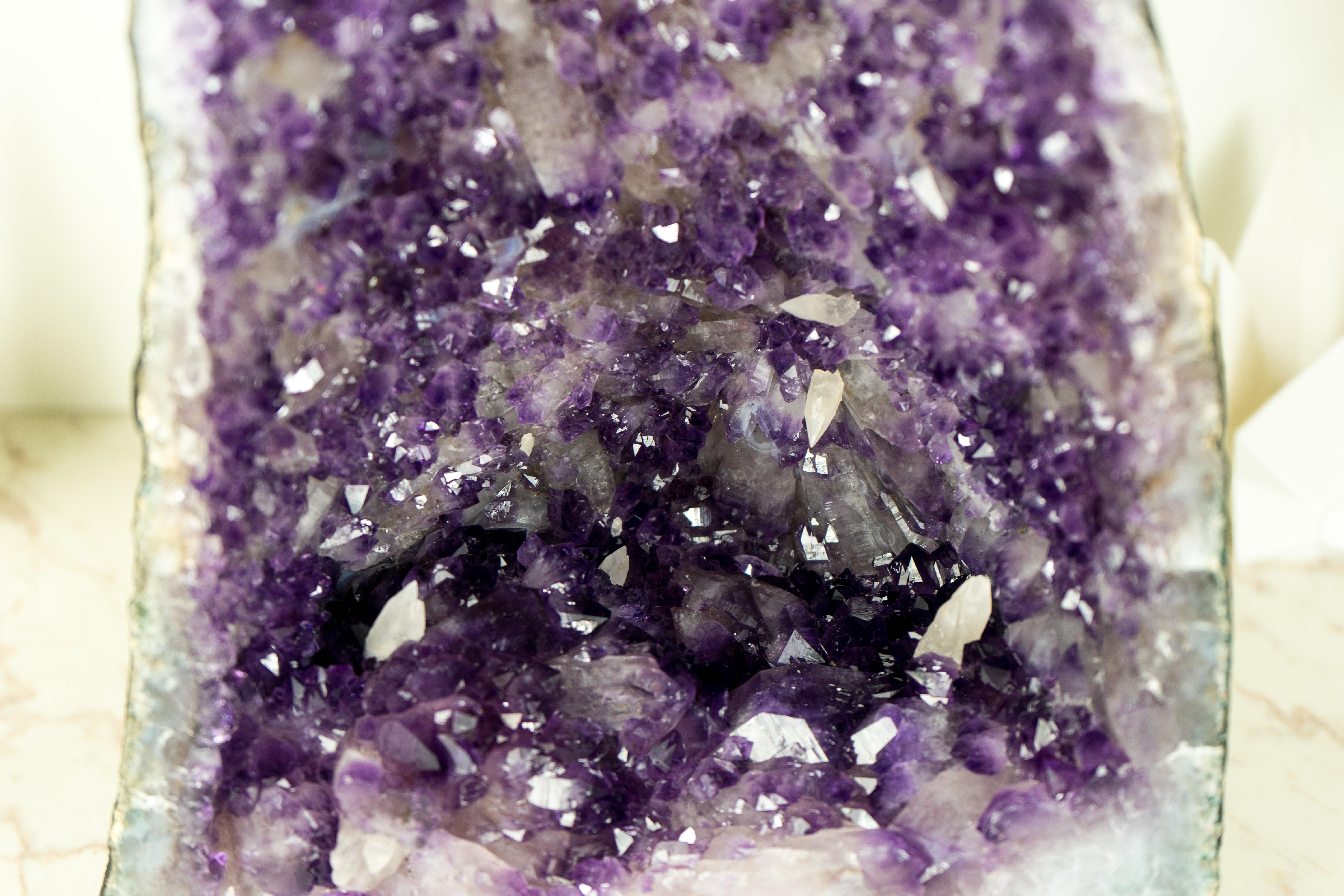 Agate Purple Amethyst Geode with Rare Sparkly Flower-Like Druzy Formation and Calcite For Sale