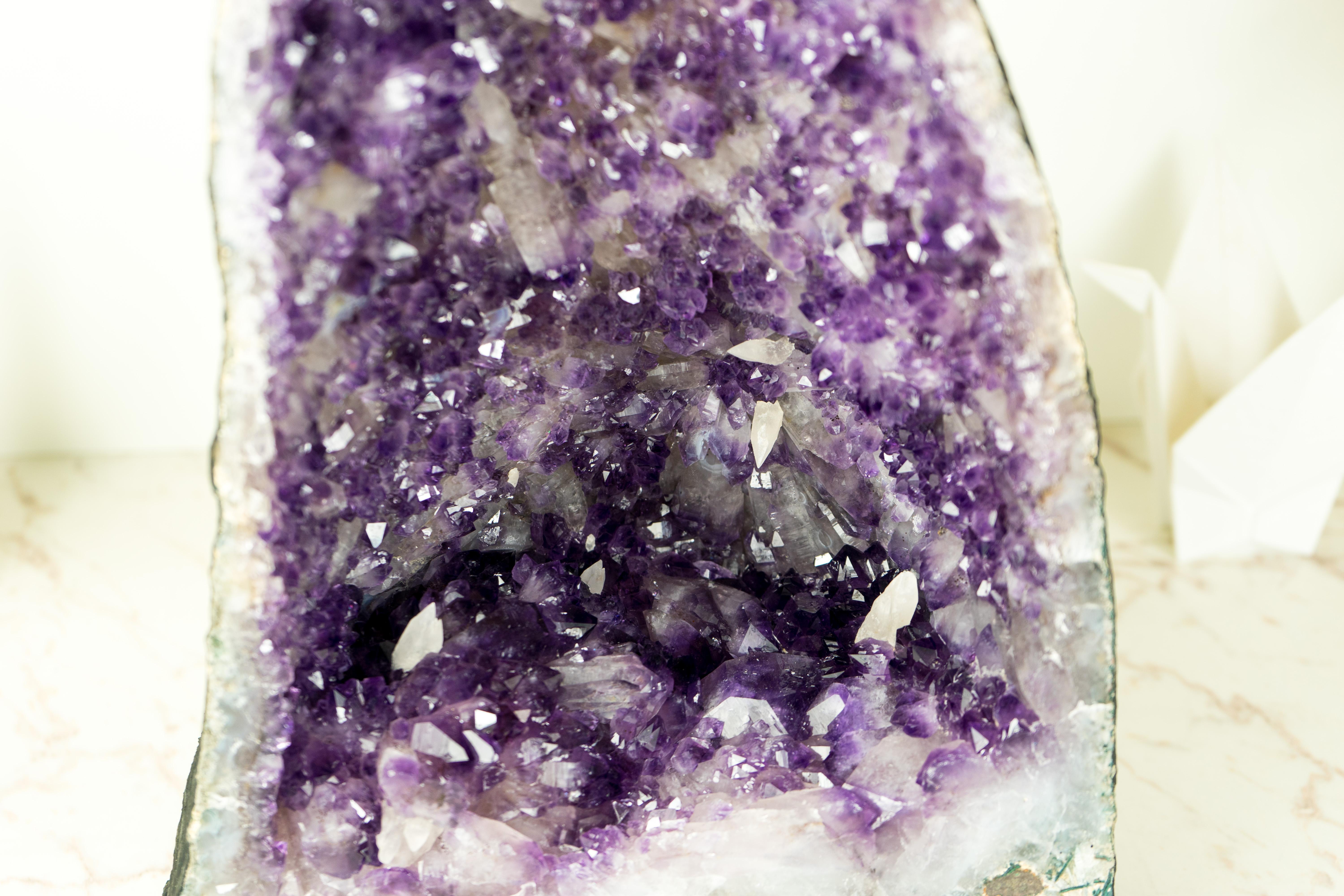 Purple Amethyst Geode with Rare Sparkly Flower-Like Druzy Formation and Calcite For Sale 1