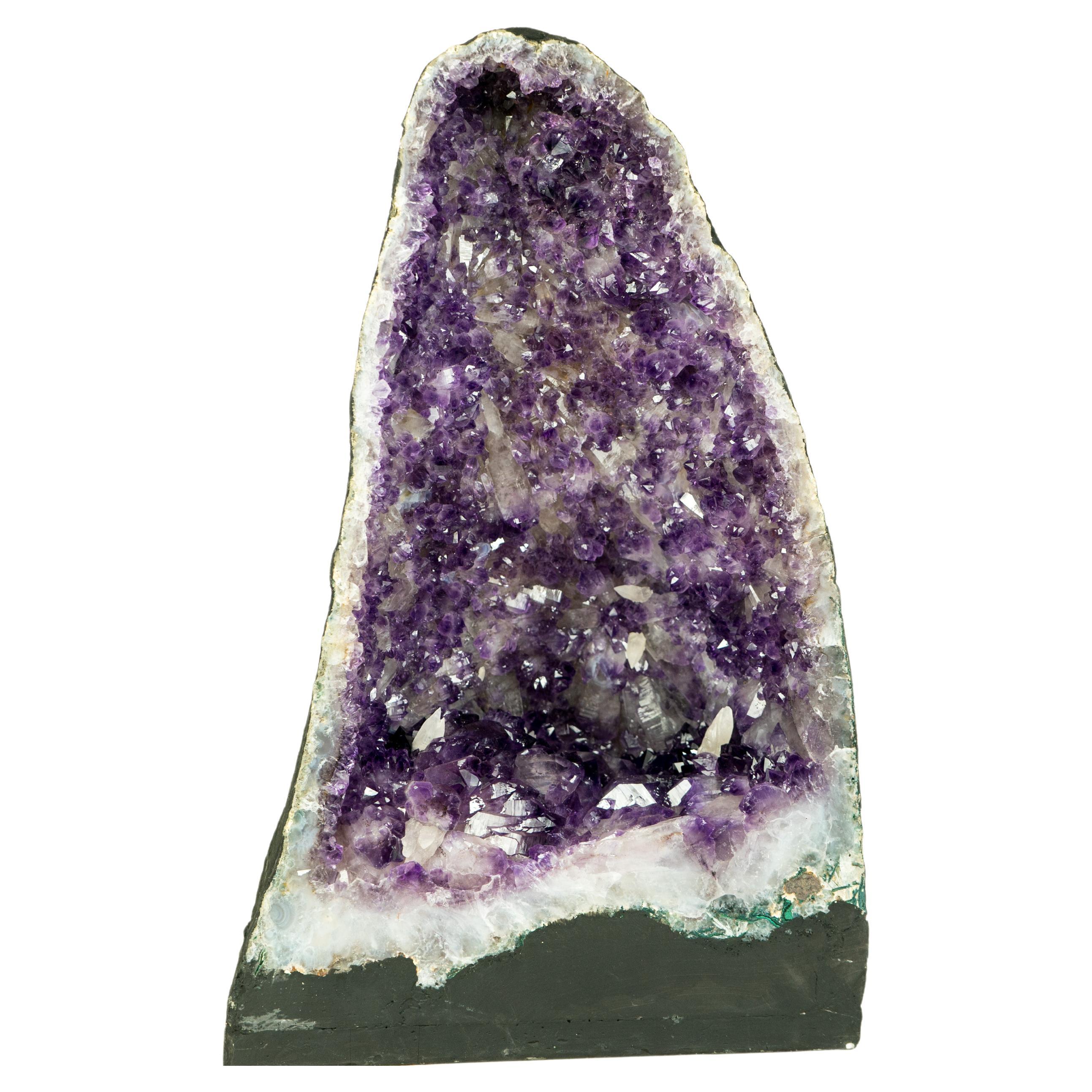 Purple Amethyst Geode with Rare Sparkly Flower-Like Druzy Formation and Calcite For Sale