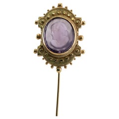 Purple Amethyst Glass Cameo Pin 14K Gold, c.1890s