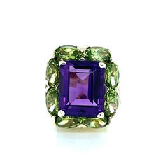Purple Amethyst Green Peridot 14 Karat Yellow Gold Cocktail Ring