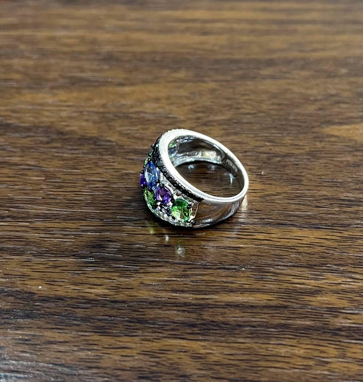 Mixed Cut Purple Amethyst Green Tsavorite Blue Sapphire Black Diamonds 14K White Gold Ring For Sale