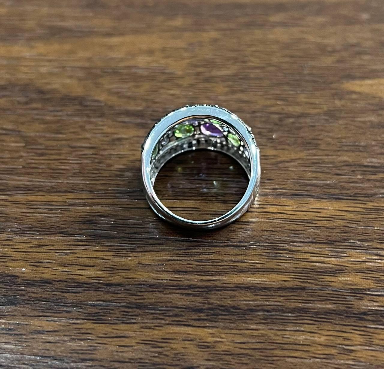 Purple Amethyst Green Tsavorite Blue Sapphire Black Diamonds 14K White Gold Ring In New Condition For Sale In Oakton, VA