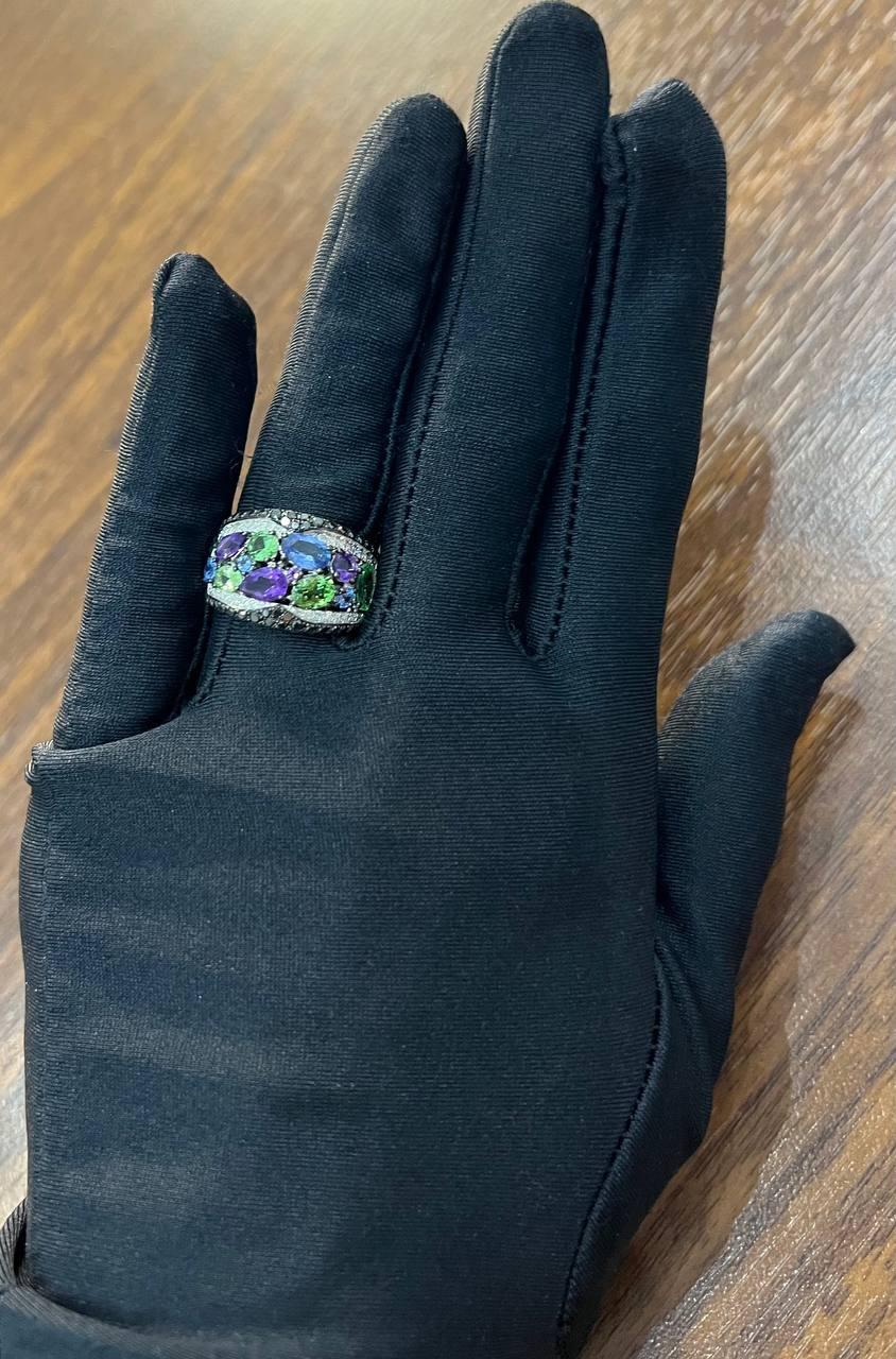 Women's Purple Amethyst Green Tsavorite Blue Sapphire Black Diamonds 14K White Gold Ring For Sale
