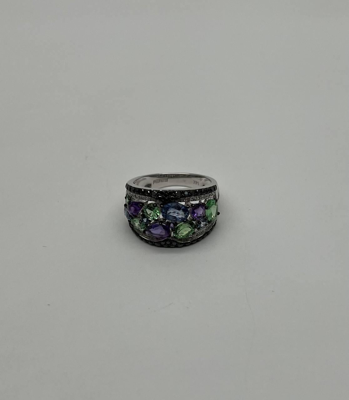 Purple Amethyst Green Tsavorite Blue Sapphire Black Diamonds 14K White Gold Ring For Sale 1