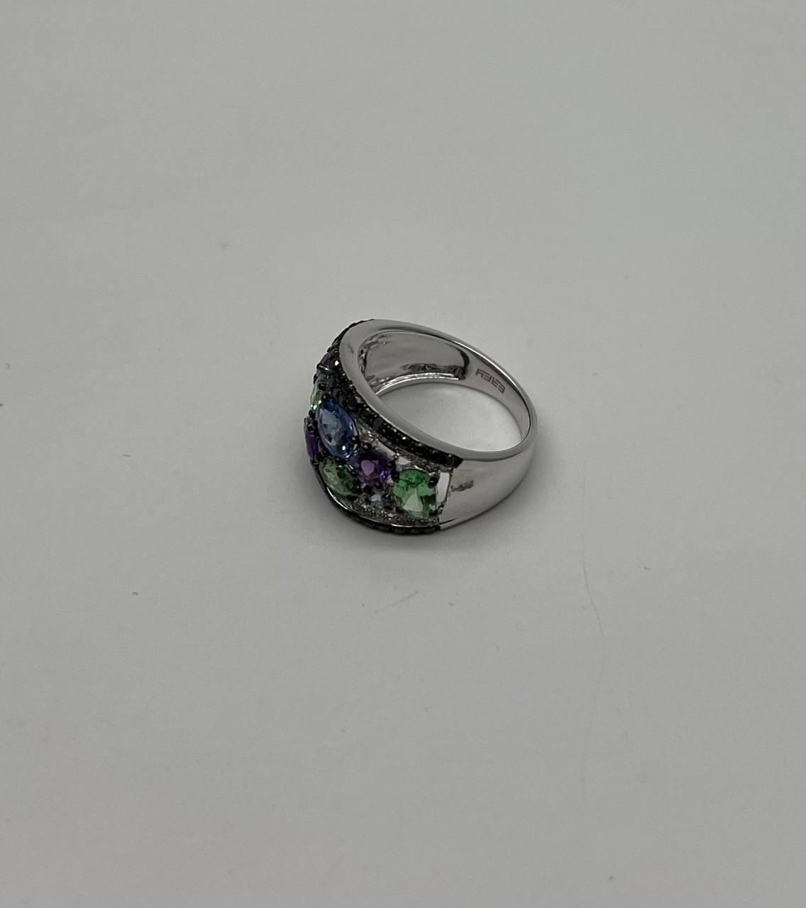 Purple Amethyst Green Tsavorite Blue Sapphire Black Diamonds 14K White Gold Ring For Sale 2