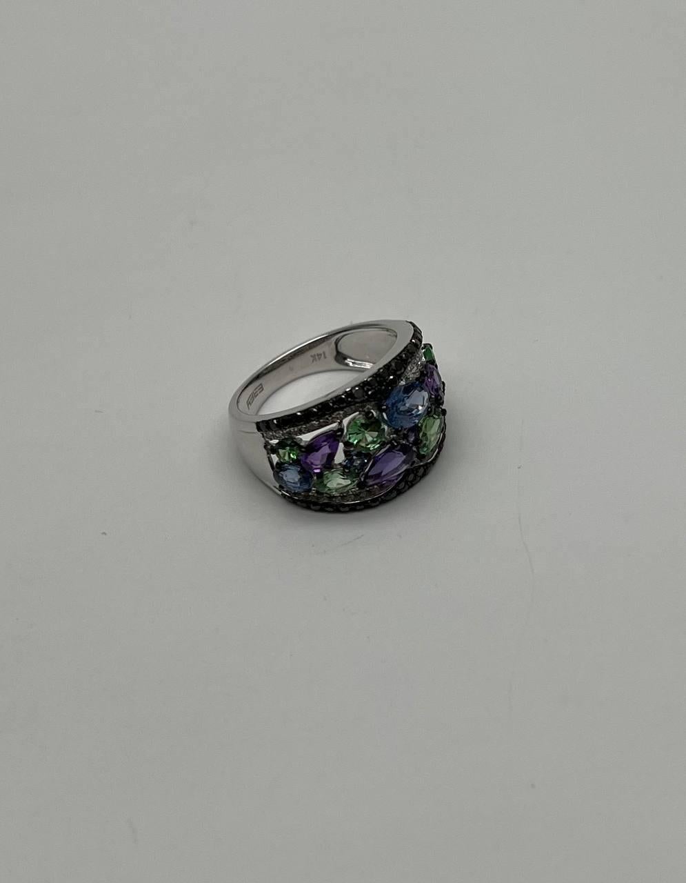 Purple Amethyst Green Tsavorite Blue Sapphire Black Diamonds 14K White Gold Ring For Sale 3