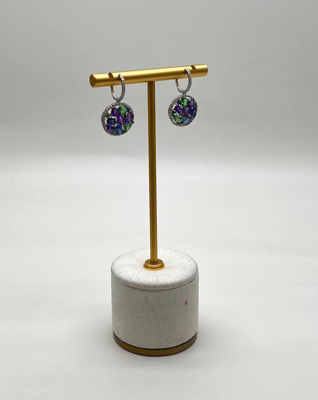 Mixed Cut Purple Amethyst Green Tsavorite Blue Sapphire Black Diamonds White Gold Earrings For Sale