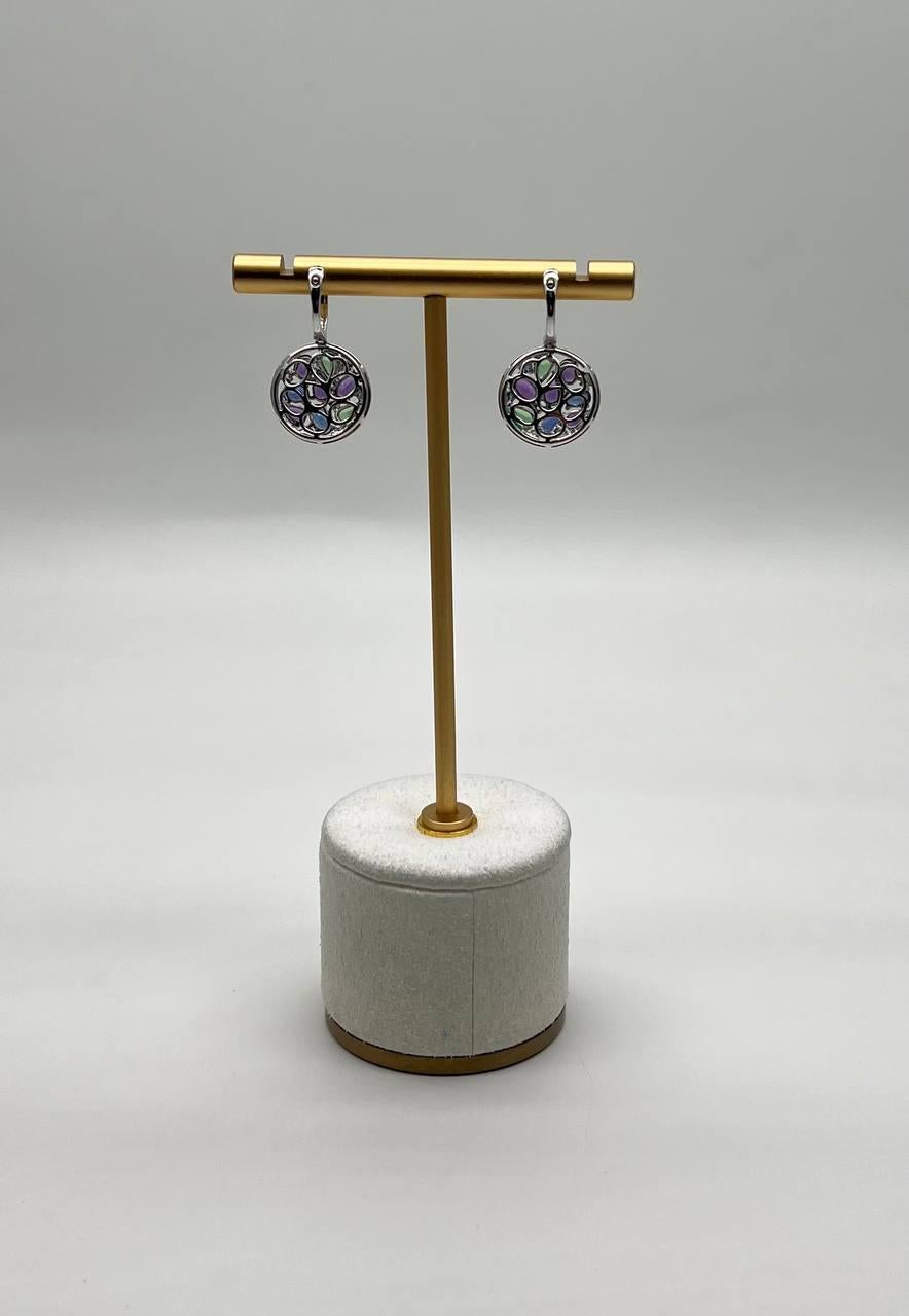 Purple Amethyst Green Tsavorite Blue Sapphire Black Diamonds White Gold Earrings In New Condition For Sale In Oakton, VA