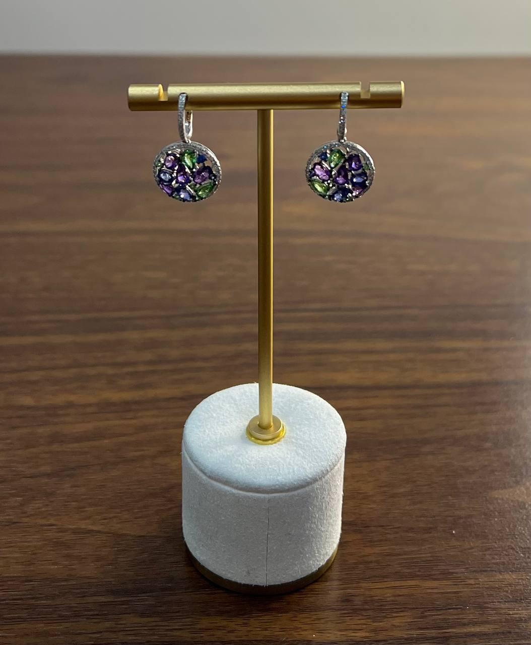 Women's Purple Amethyst Green Tsavorite Blue Sapphire Black Diamonds White Gold Earrings For Sale