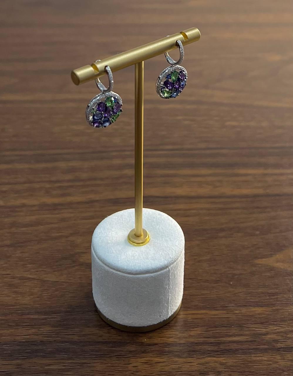 Purple Amethyst Green Tsavorite Blue Sapphire Black Diamonds White Gold Earrings For Sale 3